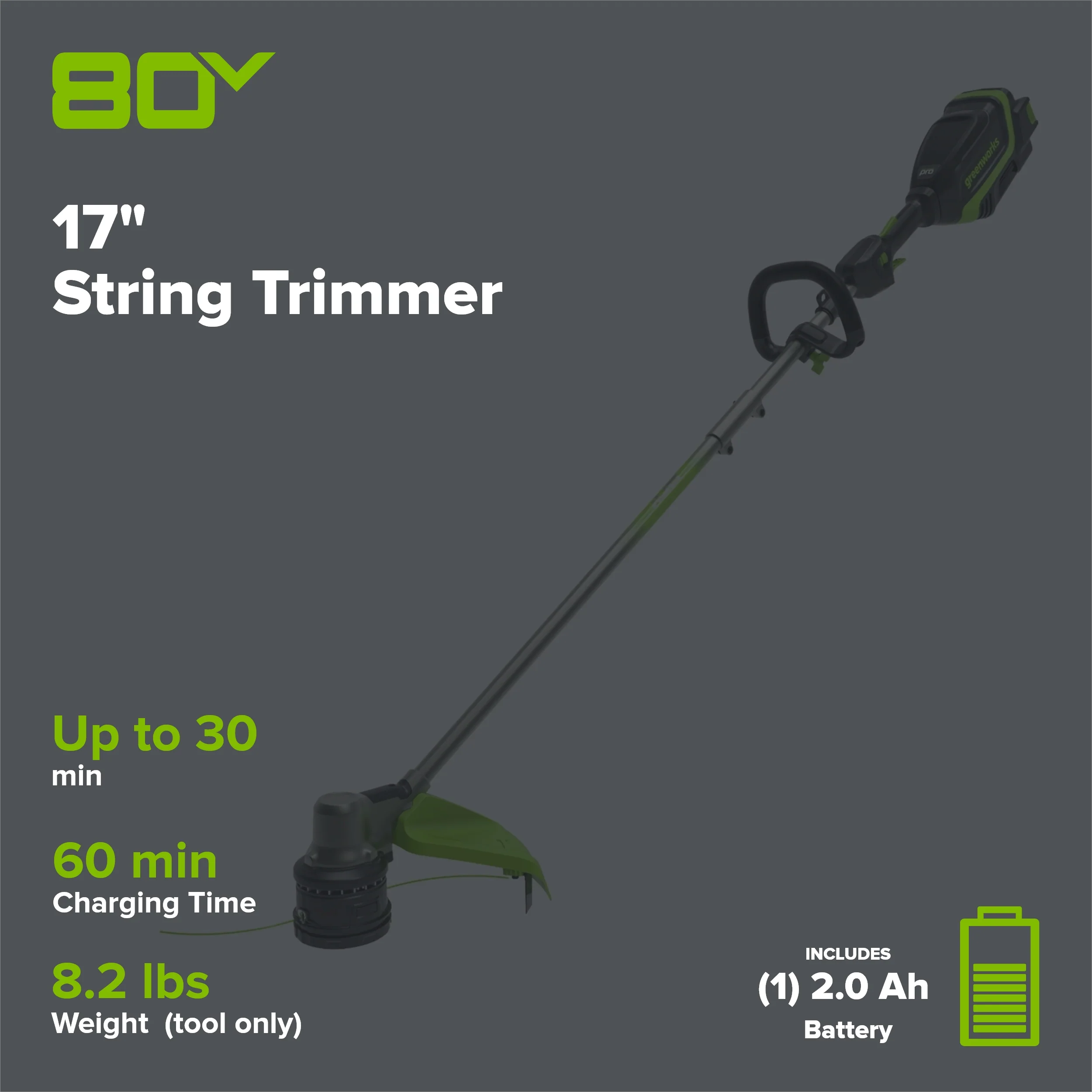 80V 17" Brushless String Trimmer: 2.0 Ah Battery and Charger - Image 2