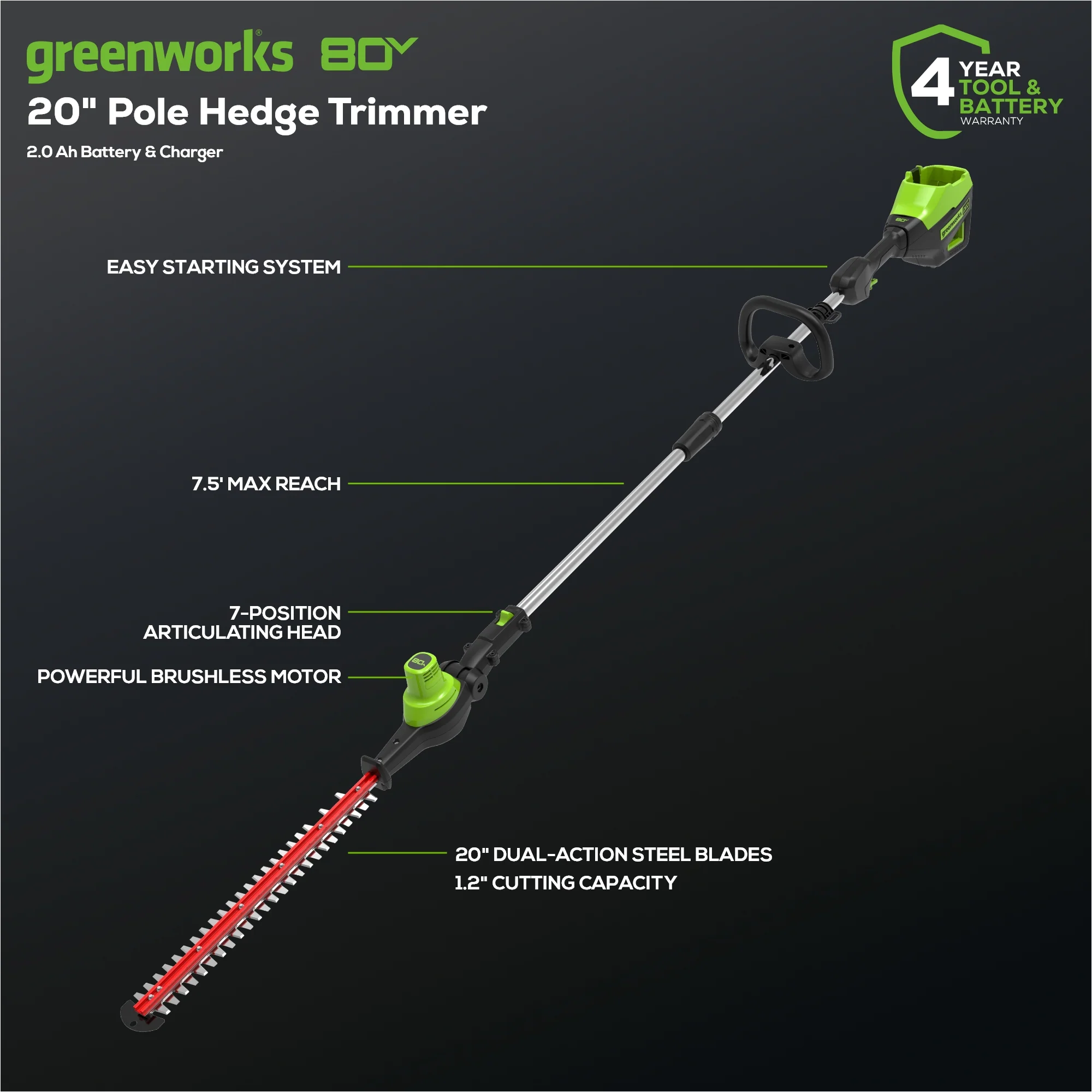 80V 20" Cordless Battery Pole Hedge Trimmer (1.2" cut, 3200 SPM) w/ 2.0Ah Battery & Charger - Image 2