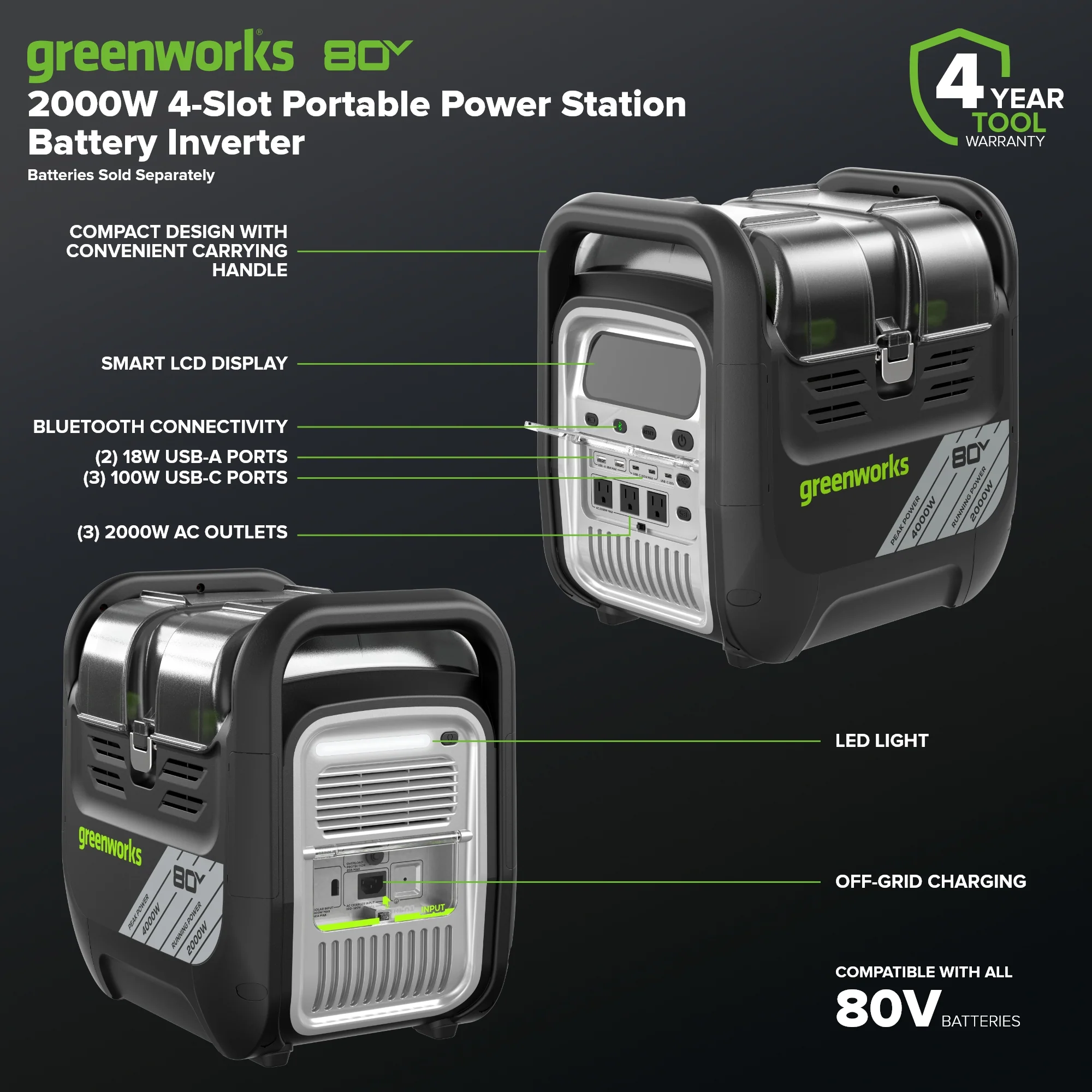 80V 2000W 4-Slot Inverter Portable Power Station (Tool Only) - Image 2