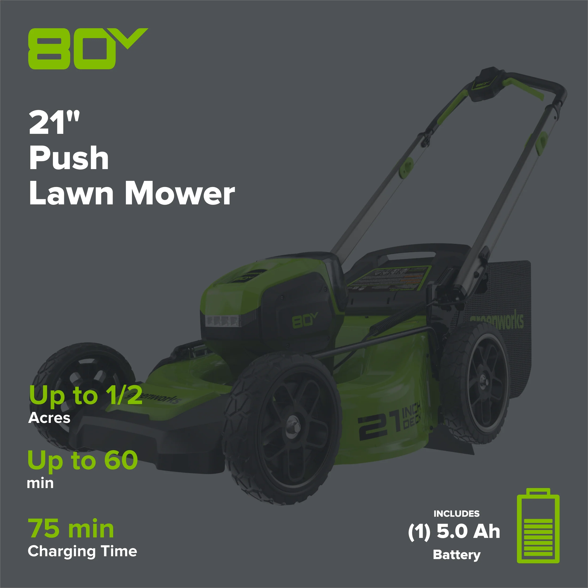80V 21" Cordless Battery 4-in-1 Push Lawn Mower: 5.0 Ah Battery and 4A Charger - Image 2