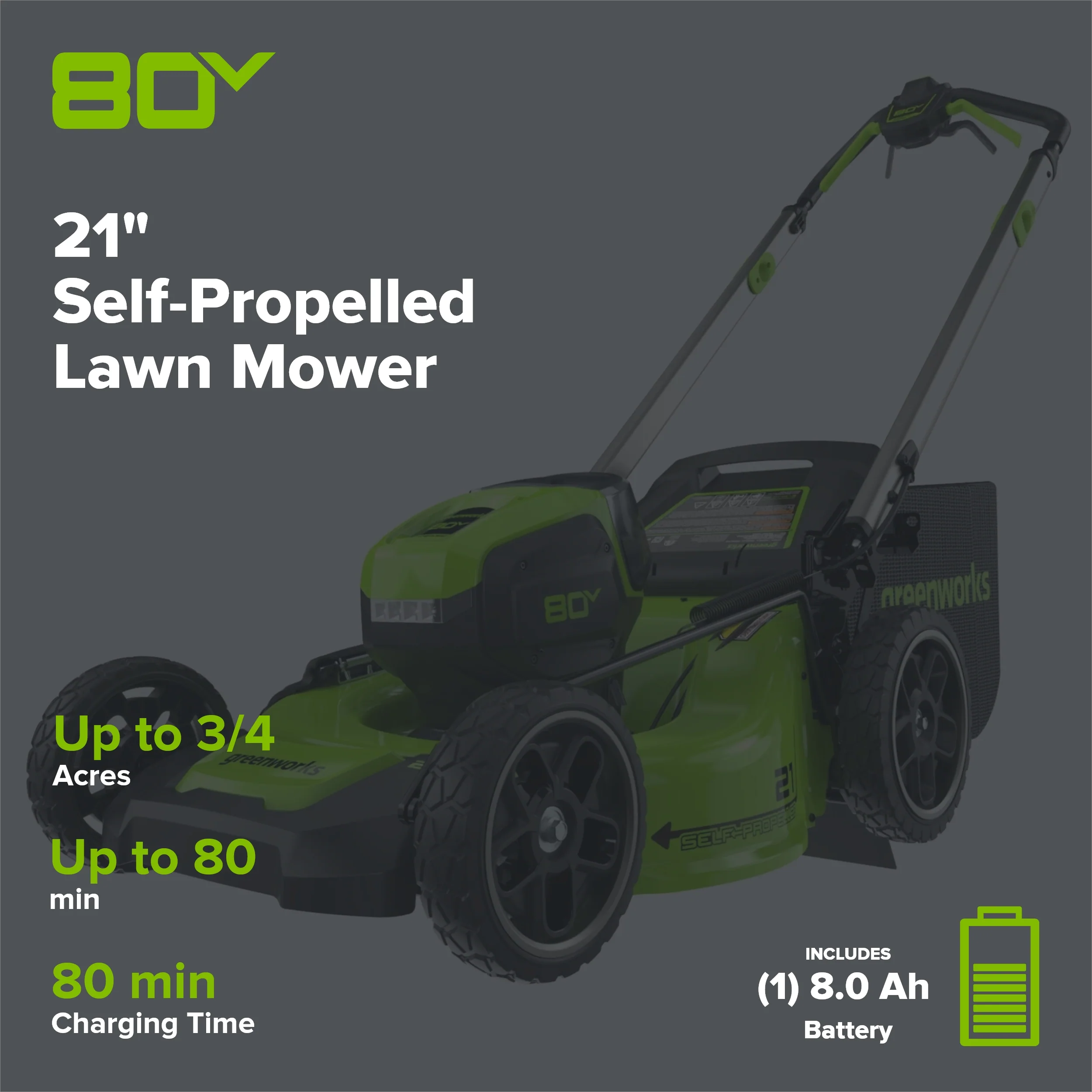 80V 21" Cordless Battery 4-in-1 Self-Propelled Lawn Mower, 8.0 Ah Battery and 6A Charger - Image 2