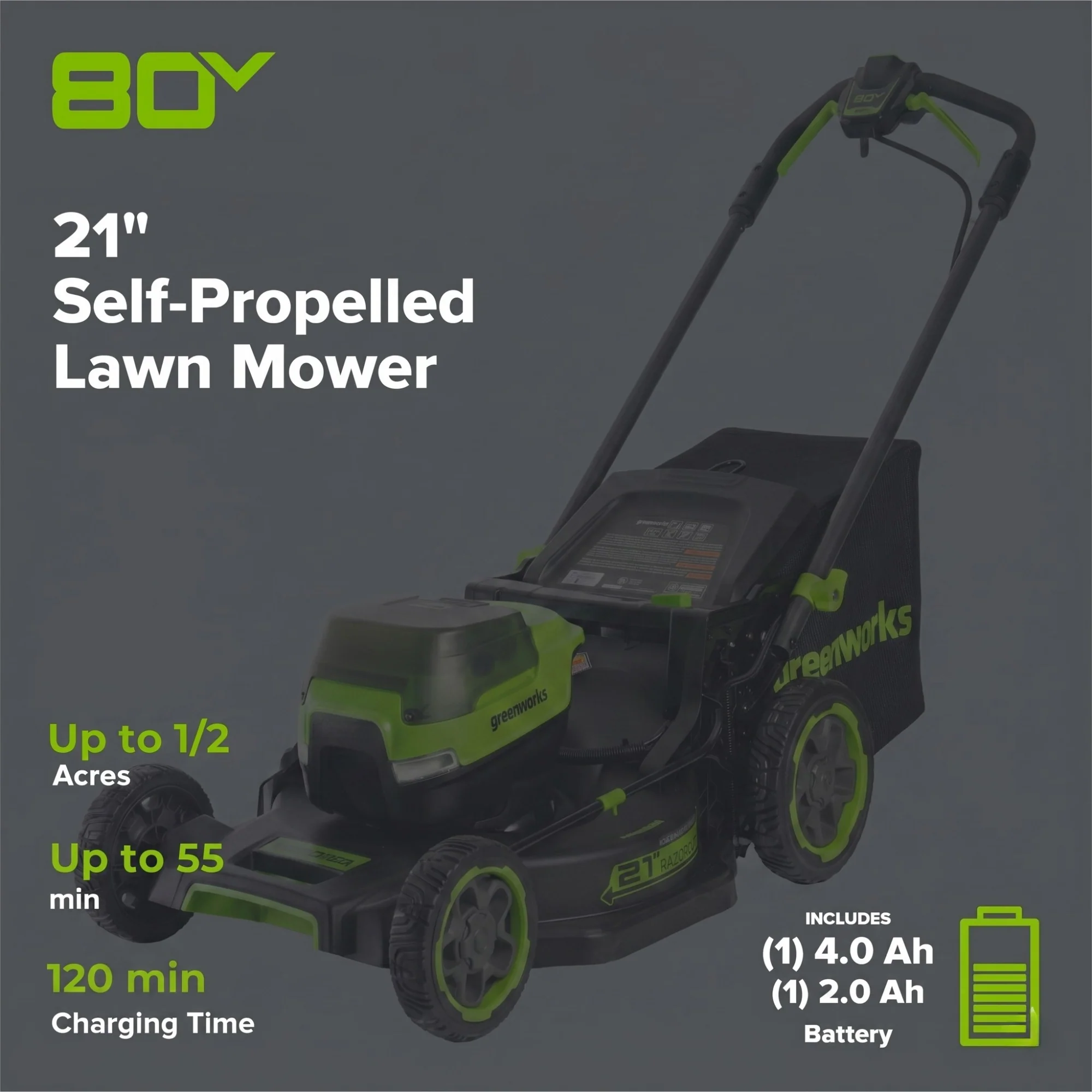80V 21" Cordless Battery 4-in-1 Self-Propelled Mower: (1) 4.0Ah,(1) 2.0Ah Batteries & 2A Charger - Image 2