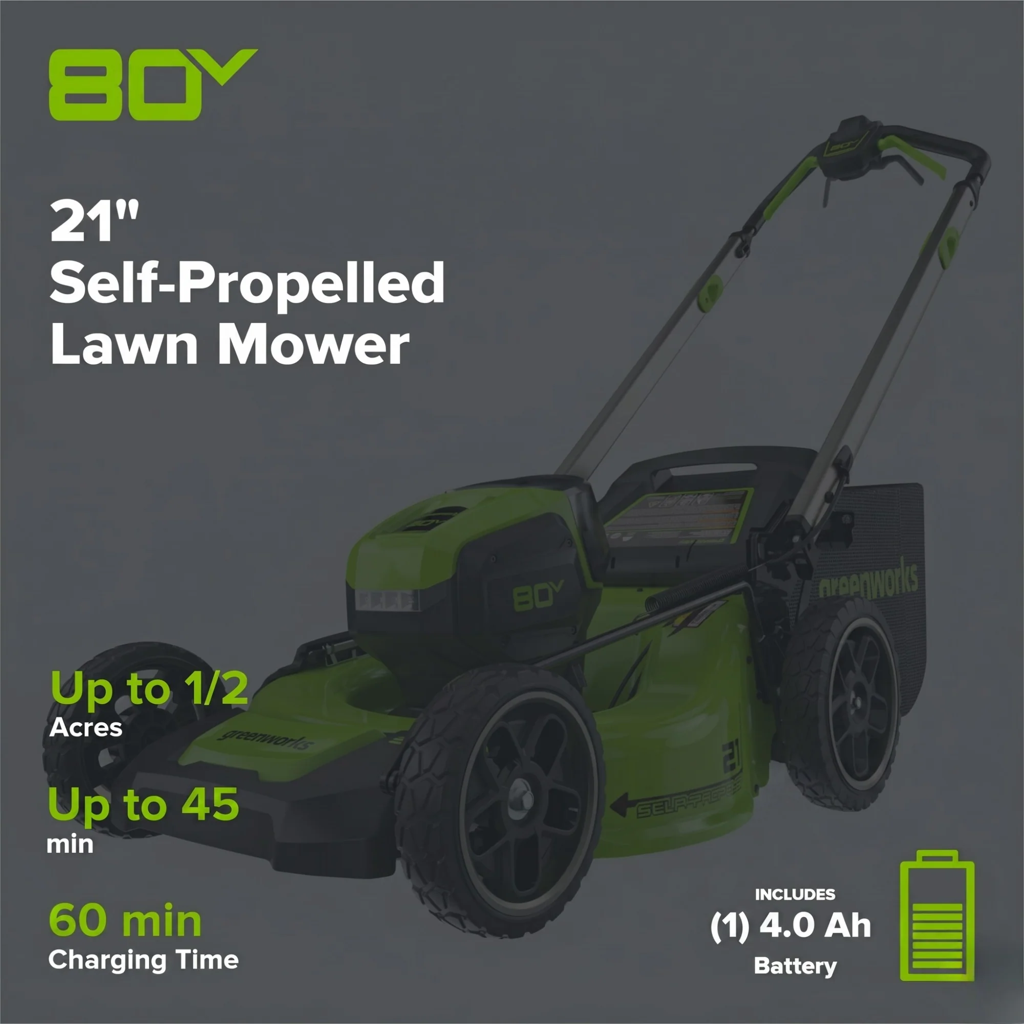OPEN BOX 80V 21" Cordless Battery Brushless Self-Propelled Mower 3pc Combo Kit: 4.0 Ah Battery and 4A Charger - Image 2