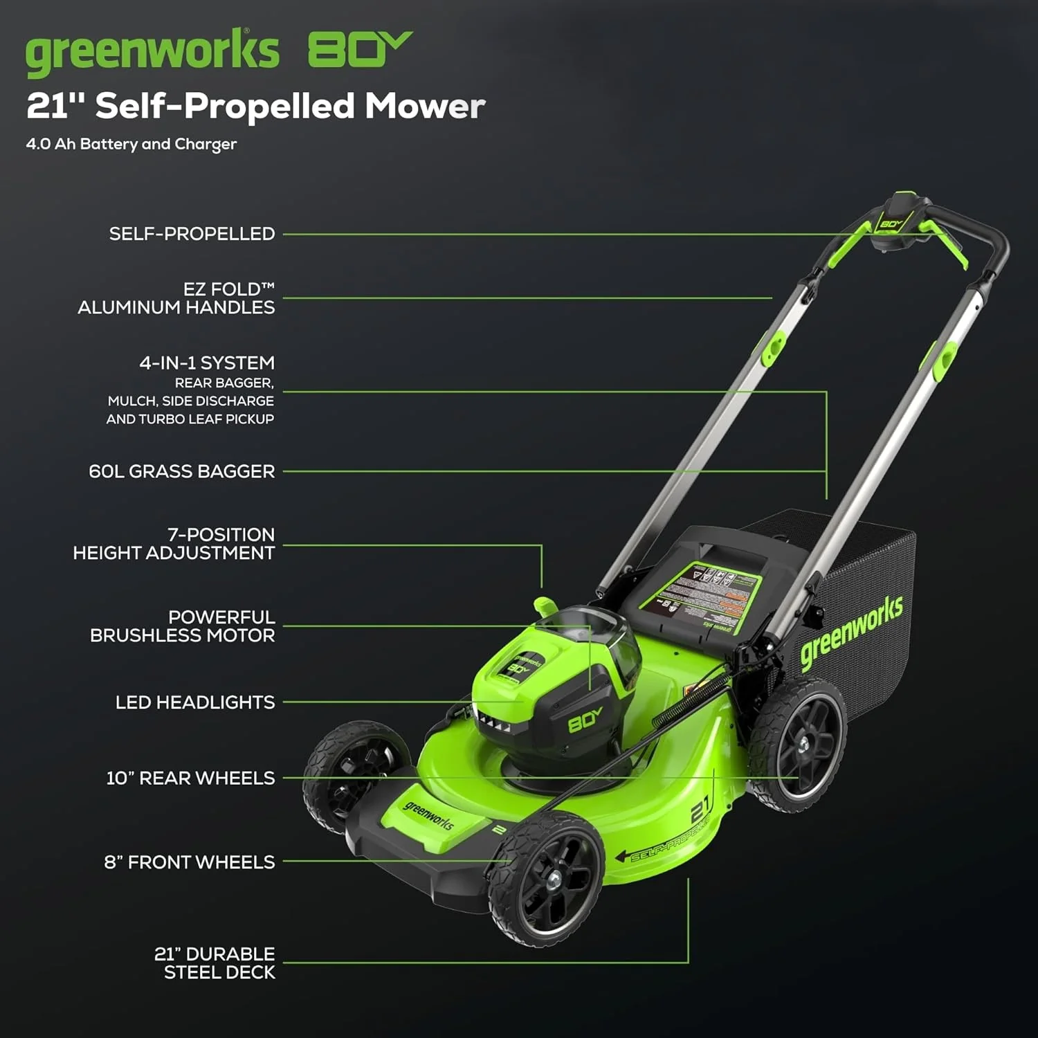 OPEN BOX 80V 21" Cordless Battery Brushless Self-Propelled Mower 3pc Combo Kit: 4.0 Ah Battery and 4A Charger - Image 3