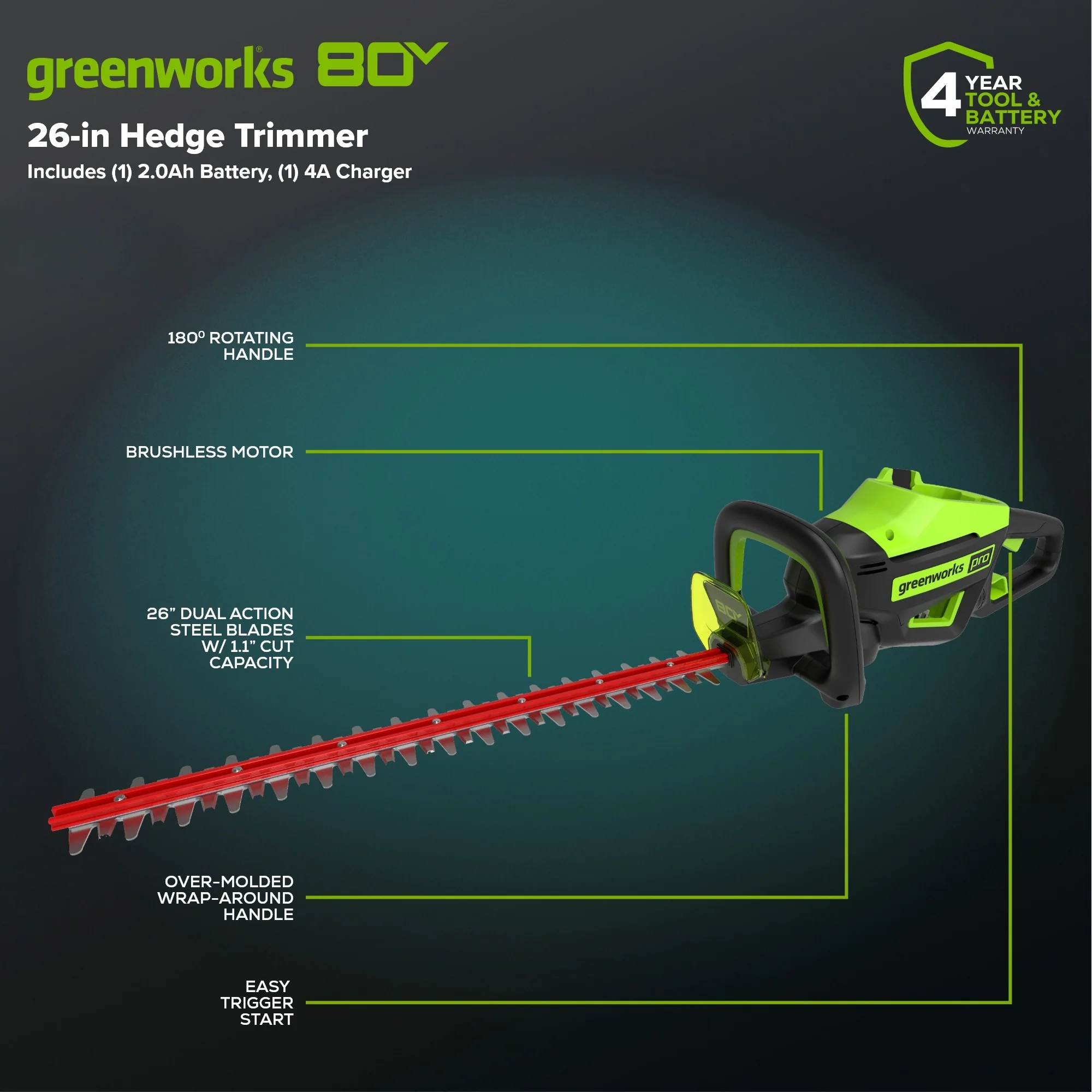 80V 26" Cordless Battery Hedge Trimmer (1.1" cut, 3200 SPM): 2.0 Ah Battery and Charger - Image 2