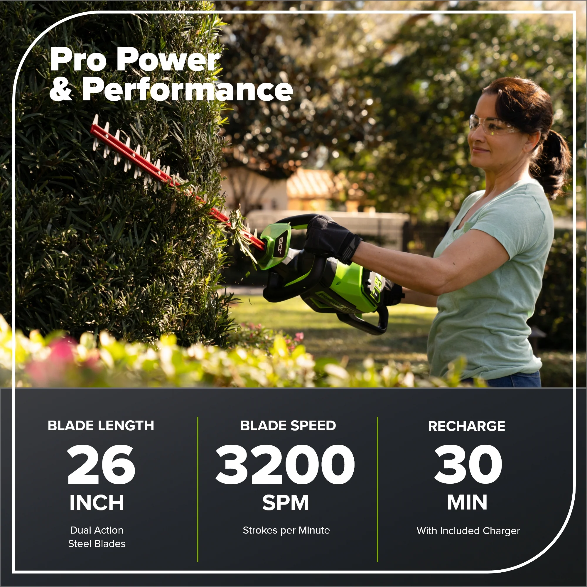 80V 26" Cordless Battery Hedge Trimmer (1.1" cut, 3200 SPM): 2.0 Ah Battery and Charger - Image 3