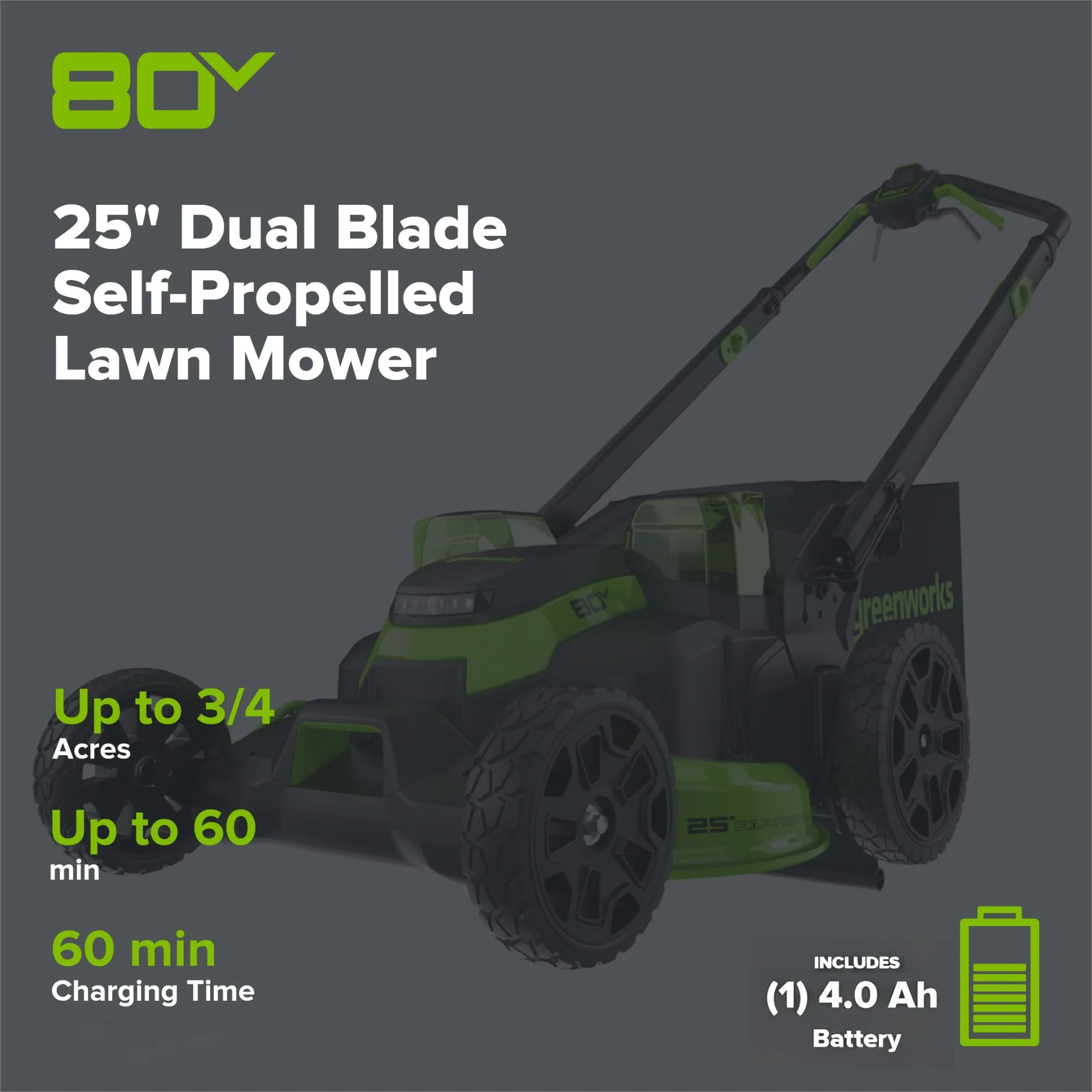 80V 25" Cordless Battery Dual Blade Self-Propelled Mower 3PC Combo Kit, (1) 4.0 Ah Battery, (1) 2.5 Ah and (2) Rapid Charger - Image 2