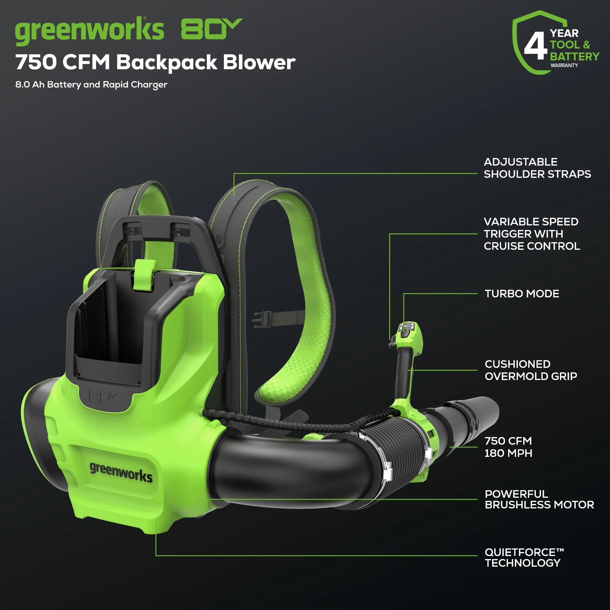 80V 750 CFM Cordless Battery Single Port Backpack Blower, 8Ah Battery and 6A Charger - Image 16