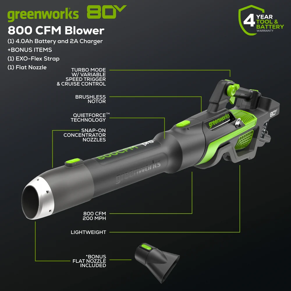 80V 800CFM Cordless Battery Leaf Blower, 4Ah Battery and Charger - Image 2