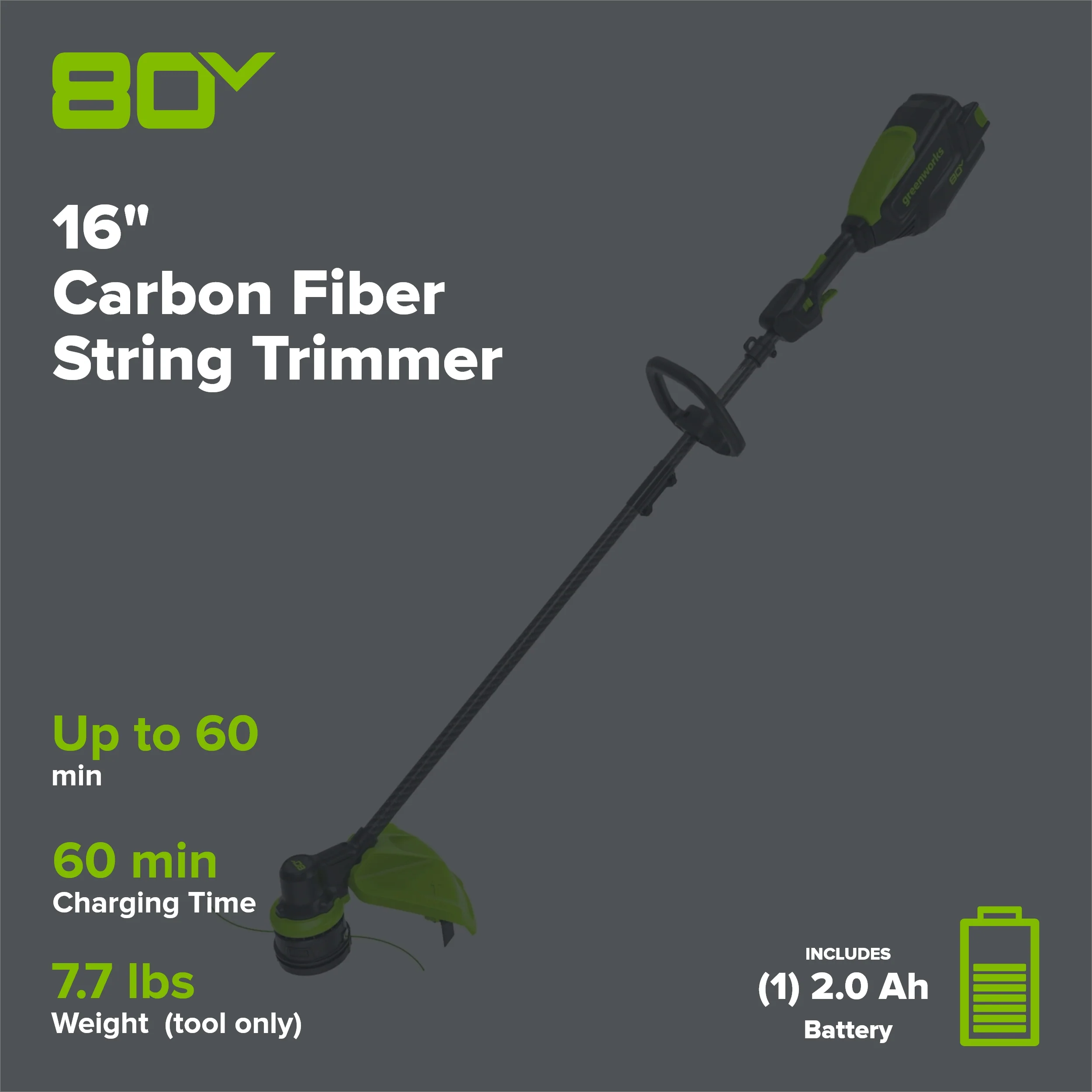 80V Cordless 16" Brushless Carbon Fiber String Trimmer: 2.0 Ah Battery and Charger - Image 2