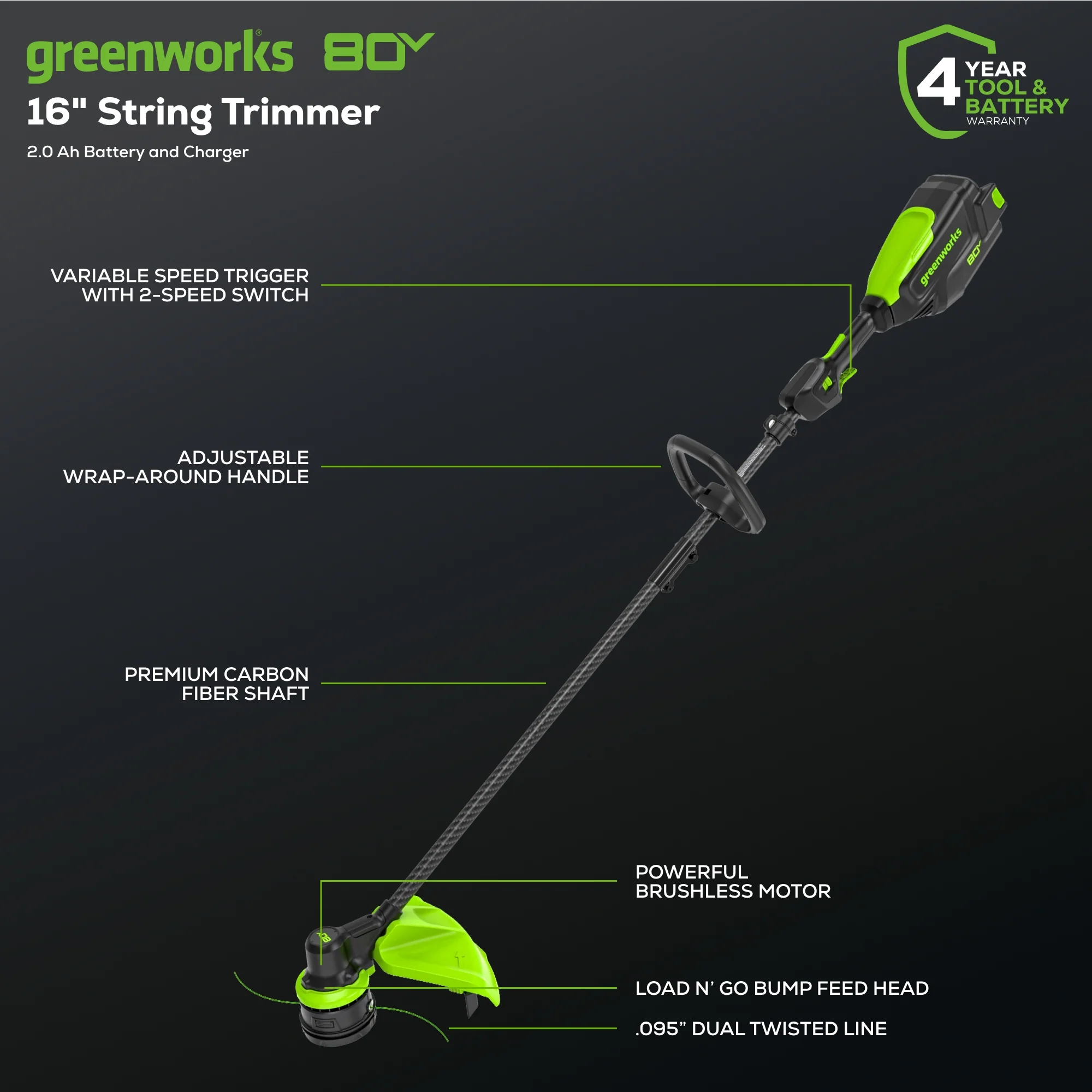 80V Cordless 16" Brushless Carbon Fiber String Trimmer: 2.0 Ah Battery and Charger - Image 3