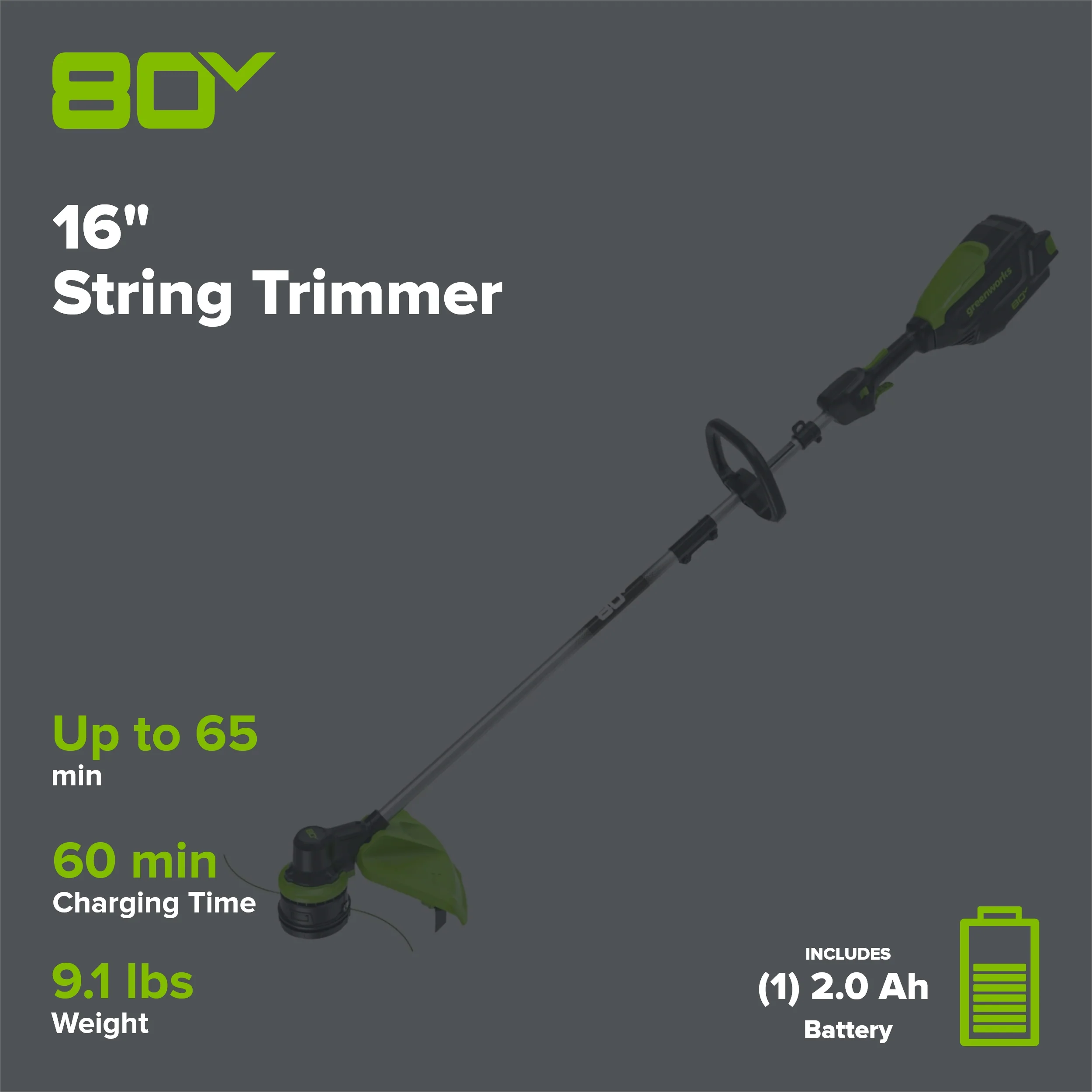 80V 16" Cordless Brushless String Trimmer: 2.0 Ah Battery and 2Amp Charger - Image 2