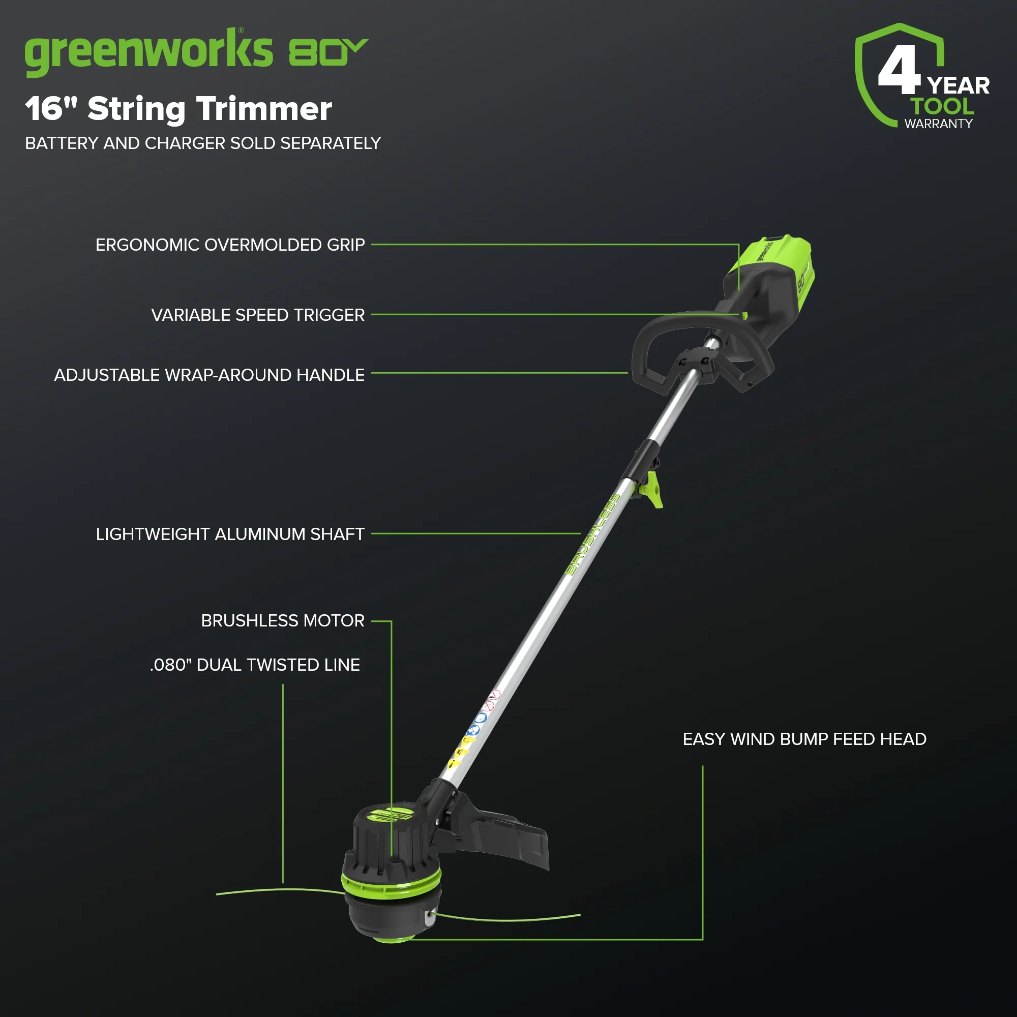 80V Cordless 16" Brushless String Trimmer (Tool Only) - Image 3