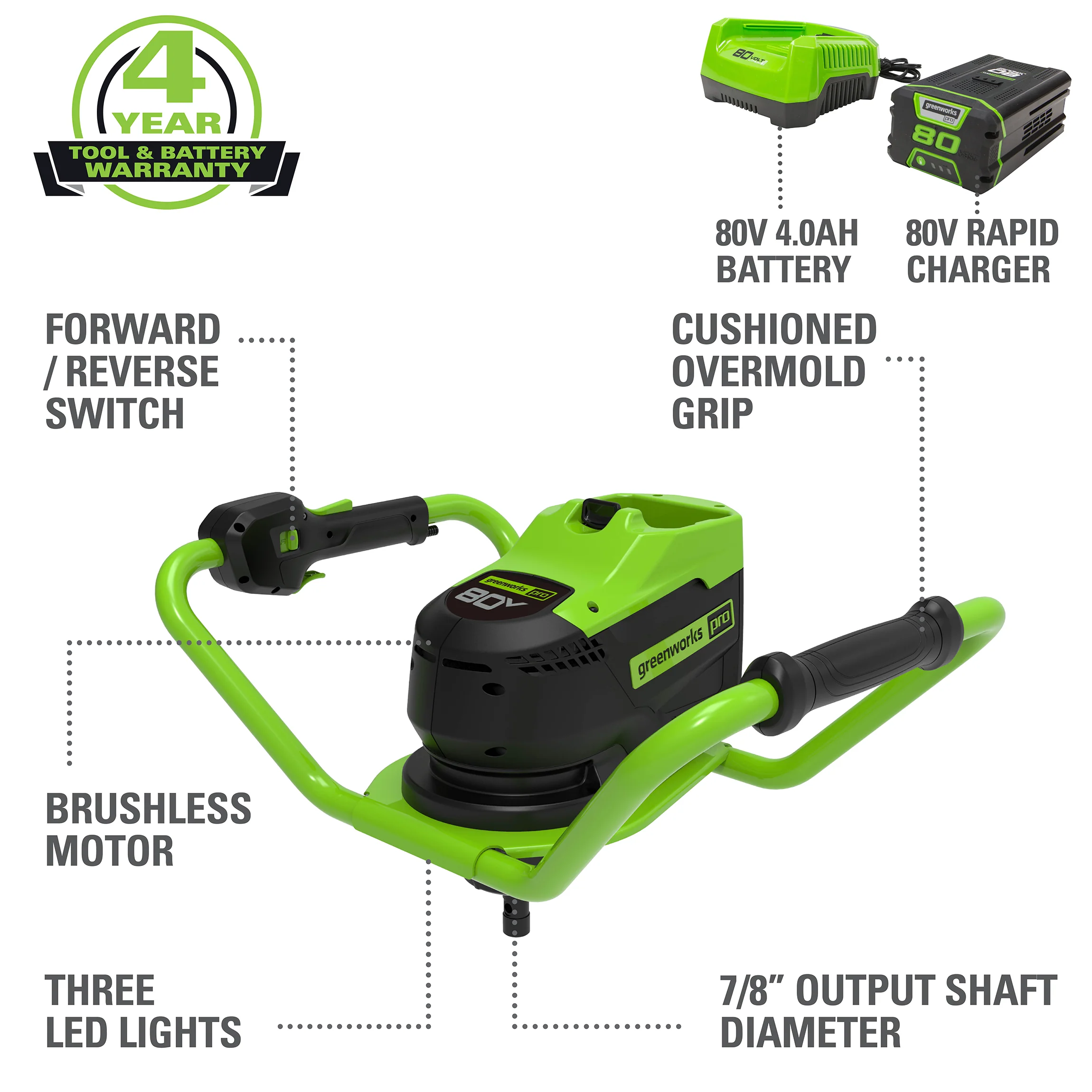 80V Cordless Battery Brushless Earth Auger / Post Hole Digger, 4Ah Battery and Charger - Image 2