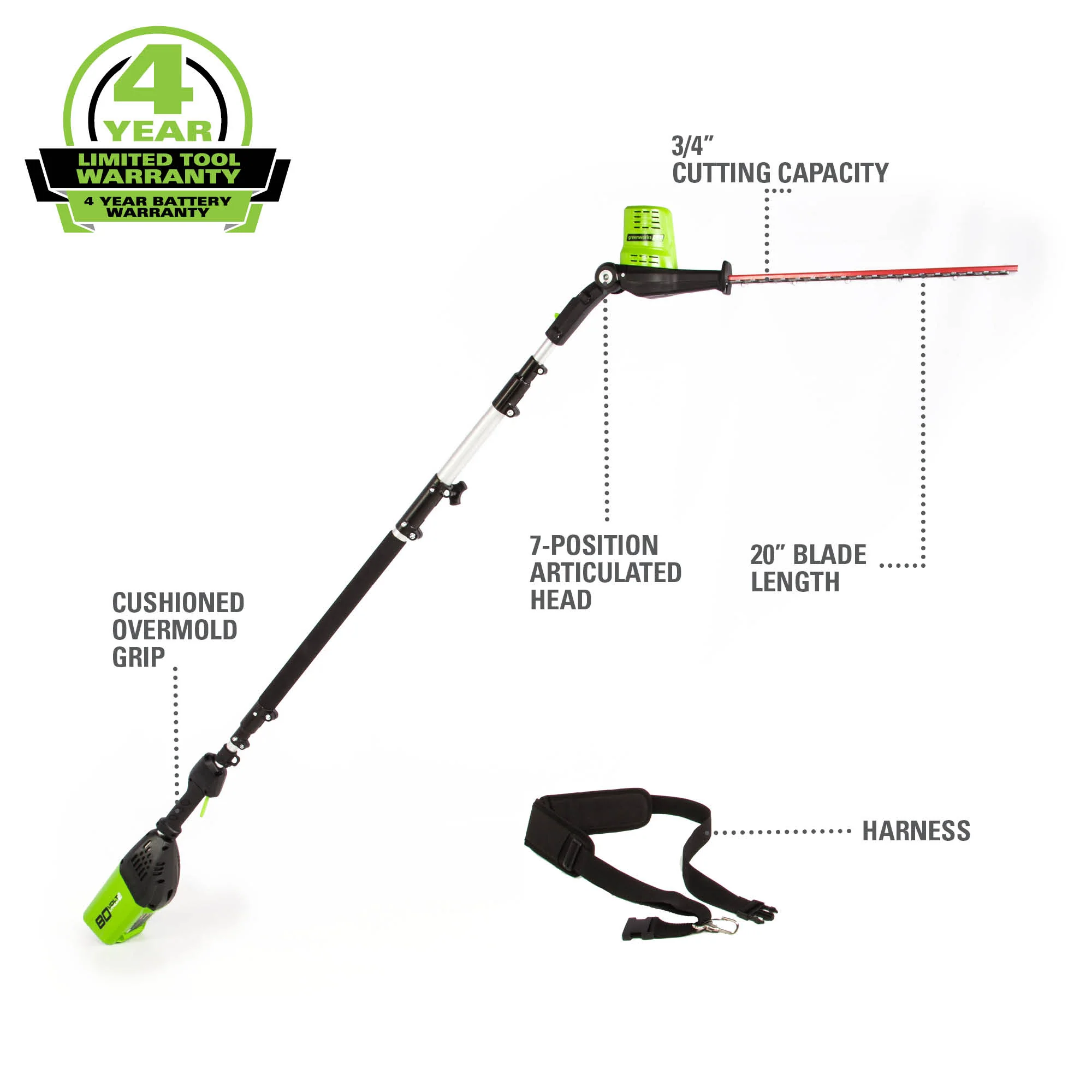 80V 20" Cordless Pole Hedge Trimmer (3/4“cut, 3000SPM), Tool Only - Image 3
