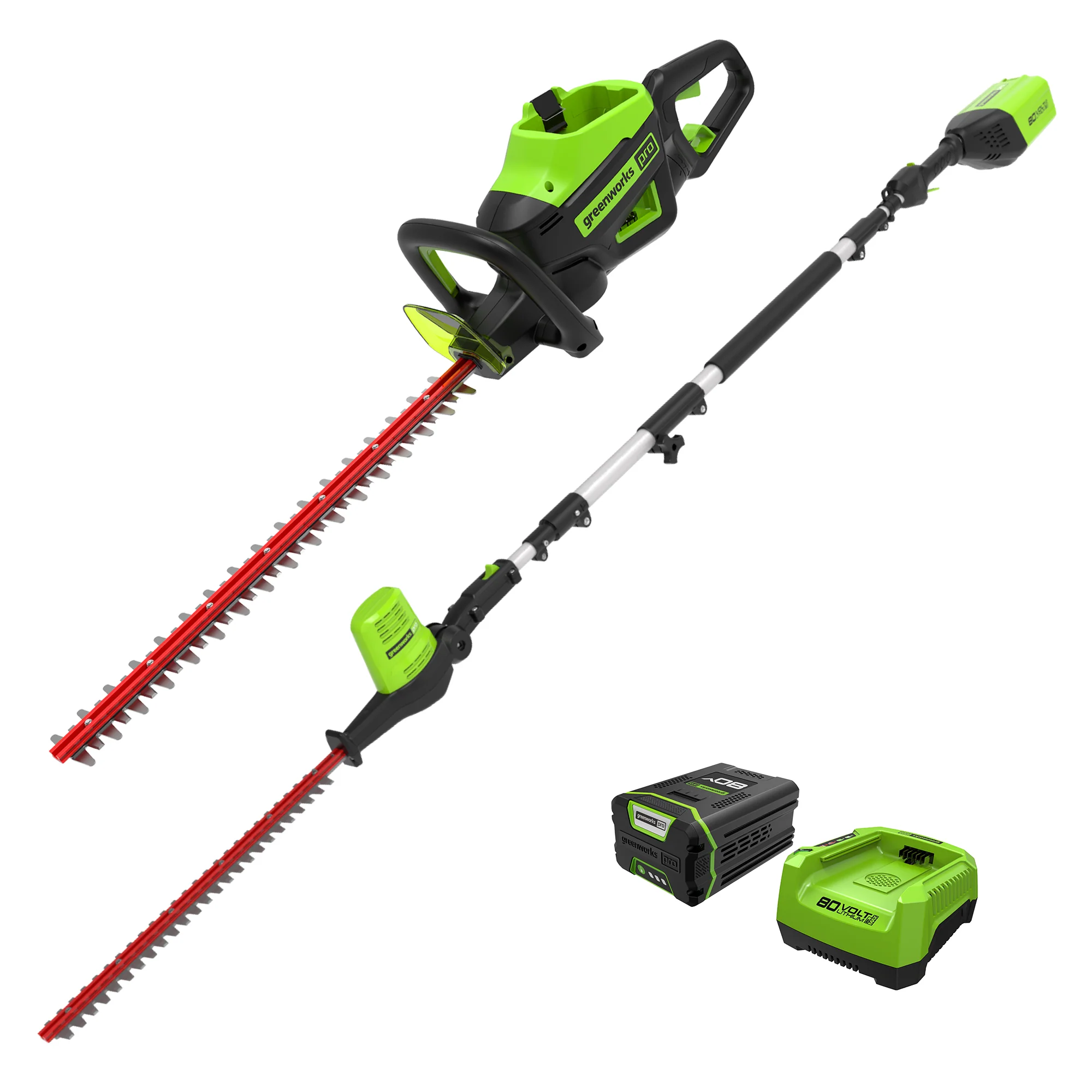 80V 24" Cordless Battery Hedge Trimmer and 20" Pole Hedge Trimmer Combo Kit: 2.0 Ah USB Battery and Charger