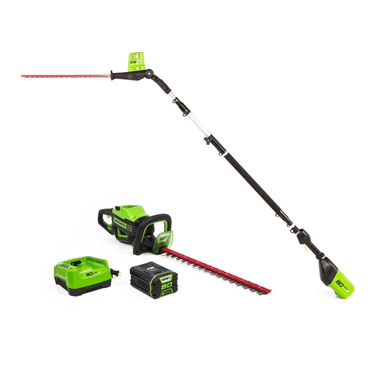 80V 24" Cordless Battery Hedge Trimmer and 20" Pole Hedge Trimmer Combo Kit: 2.0 Ah USB Battery and Charger - Image 2