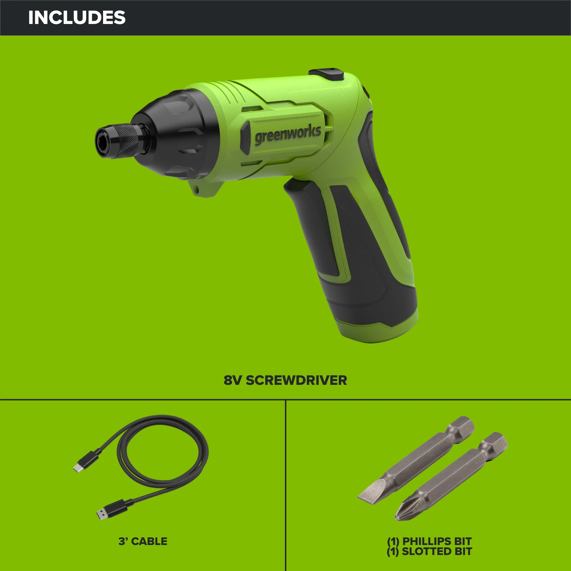 8V Dual-Position Screwdriver, 70 in-lb Torque, 5+1 [Drill] Clutch Settings, with Phillips and Slotted Bits and USB-C Charging Cable - Image 3