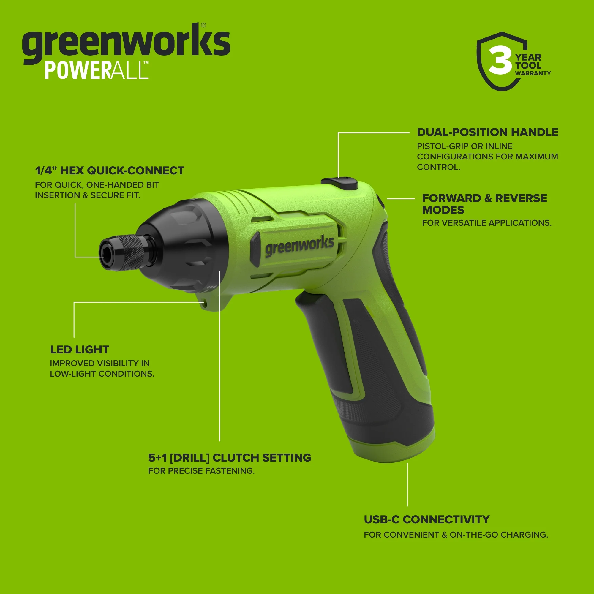 8V Dual-Position Screwdriver, 70 in-lb Torque, 5+1 [Drill] Clutch Settings, with Phillips and Slotted Bits and USB-C Charging Cable - Image 4