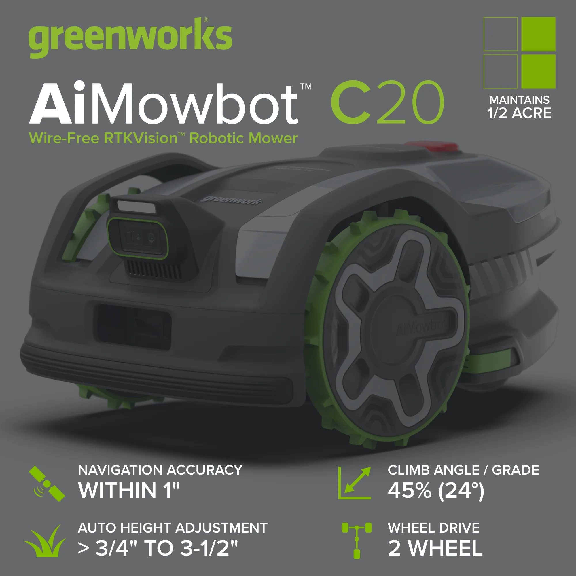 AiMowbot Wire-Free RTKVision Robotic Mower C20 | 1/2Acre - Image 2