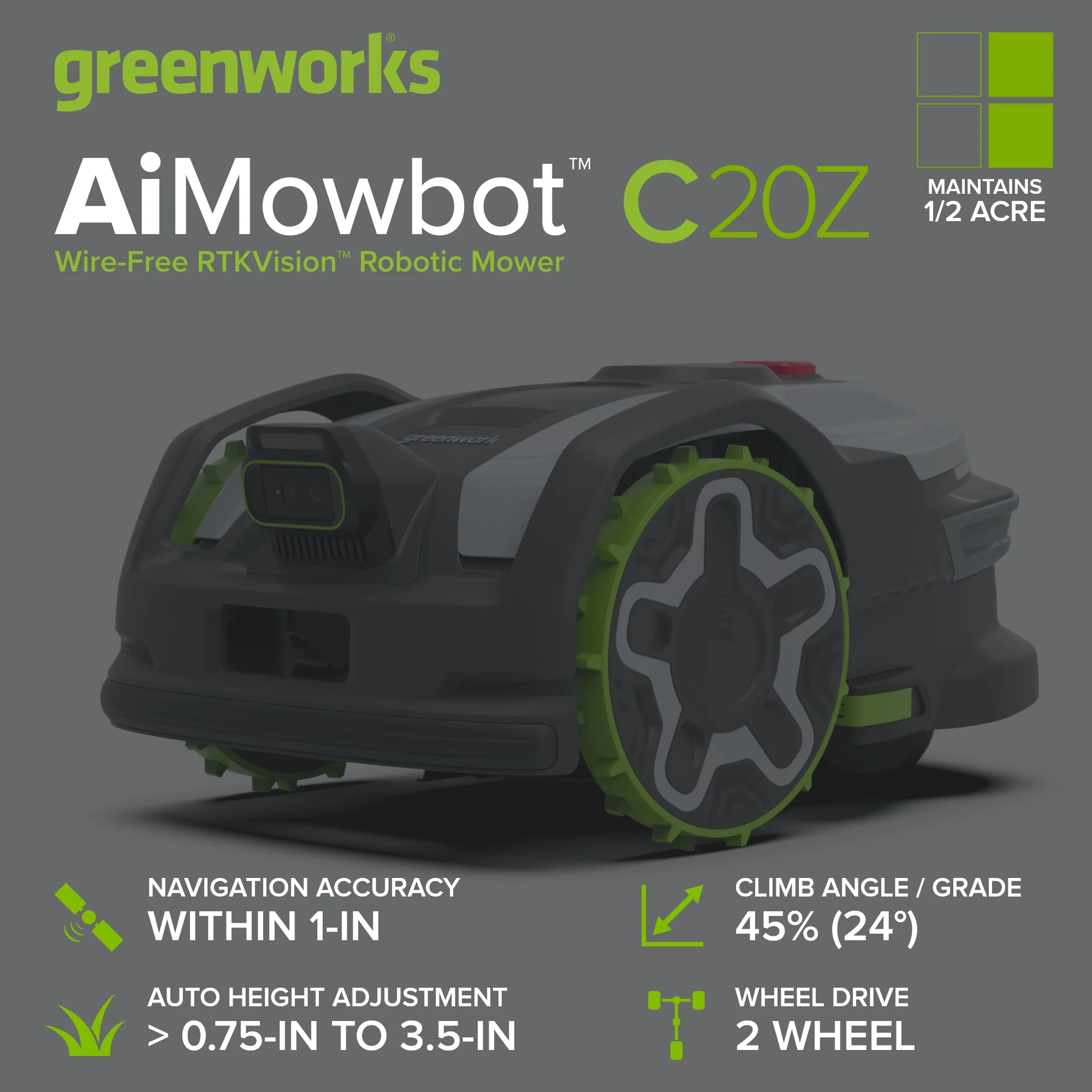 AiMowbot C20Z Wire-Free RTKVision Robotic Mower | 1/2 Acre, 4-Wheel Version - Image 2