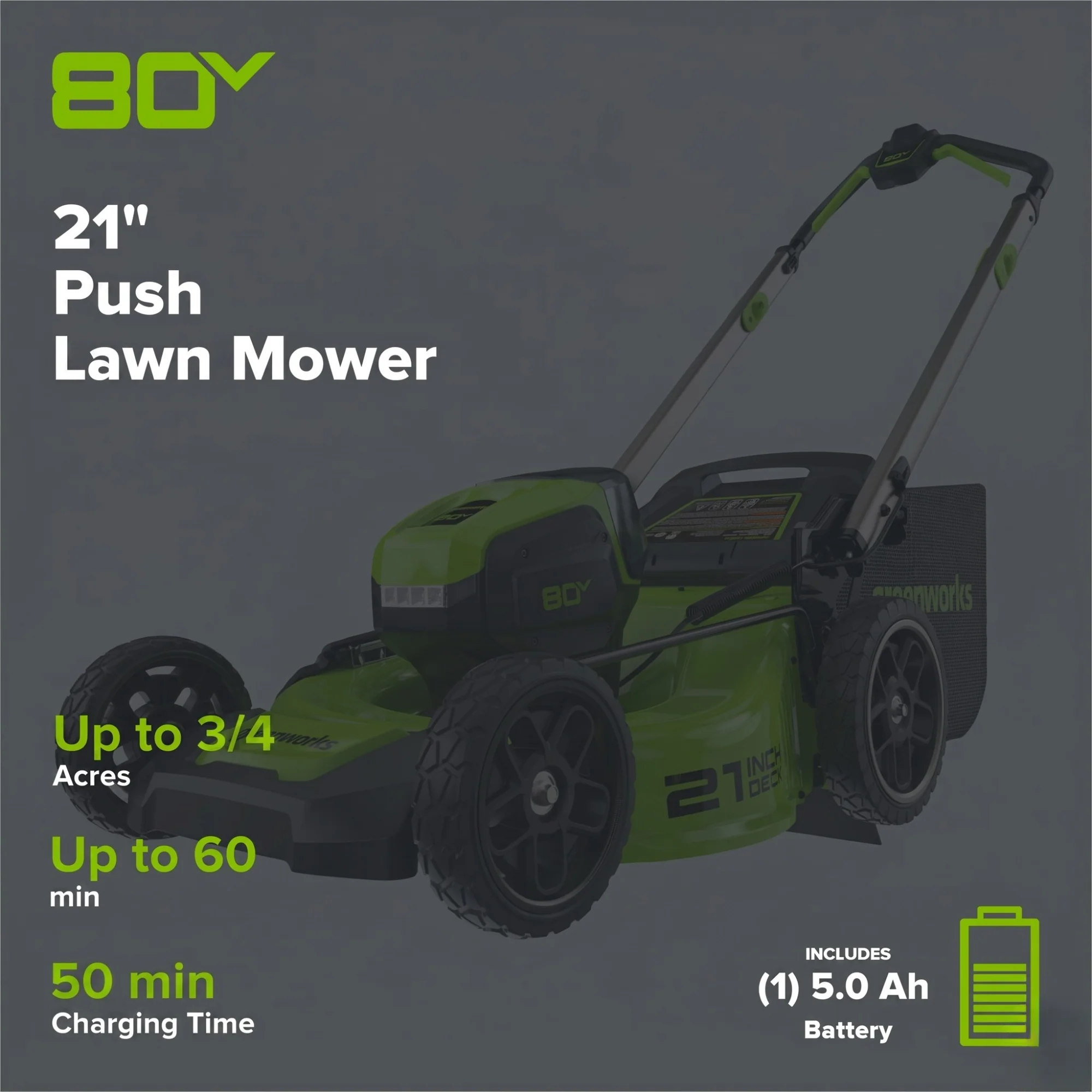OPEN BOX 80V 21" Cordless Battery 4-in-1 Push Lawn Mower & 700CFM Blower Combo Kit w/ 5.0Ah Battery & 6A Charger - Image 2