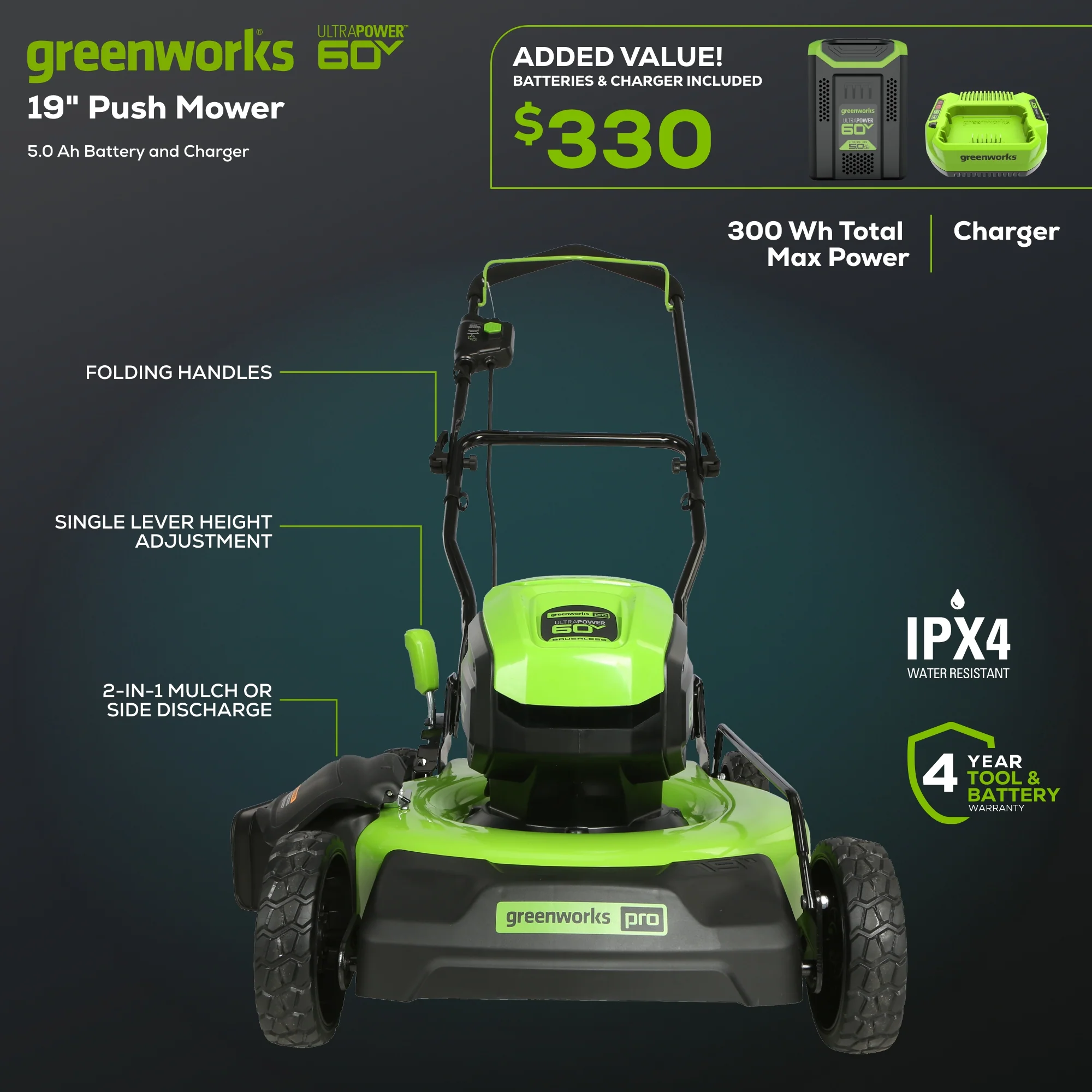 60V 19" Cordless Battery Push Lawn Mower w/ 5.0Ah Battery & Charger - Image 3