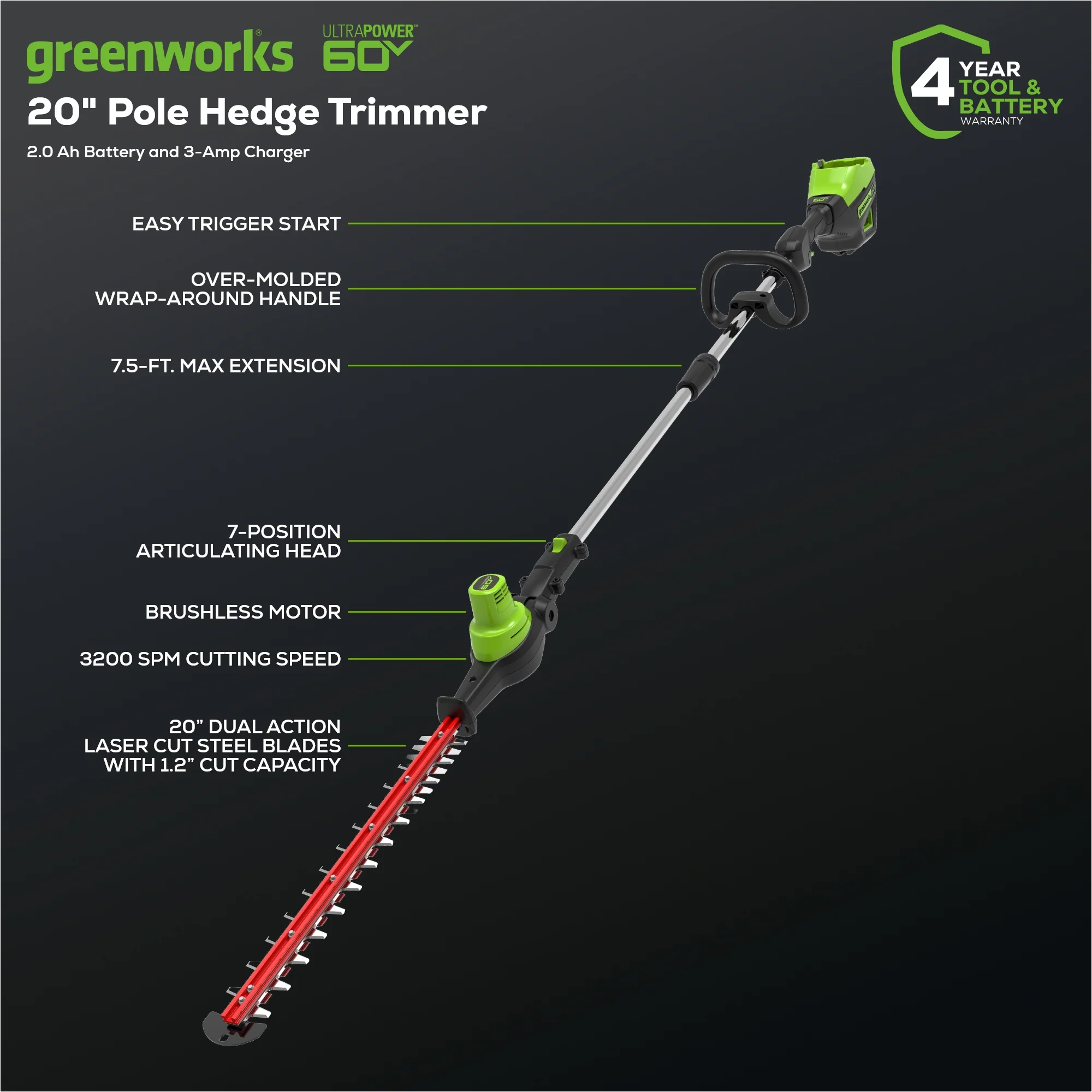 60V 20"  7-Position Cordless Battery Pole Hedge Trimmer w/ 2.0 Ah Battery & Charger - Image 3