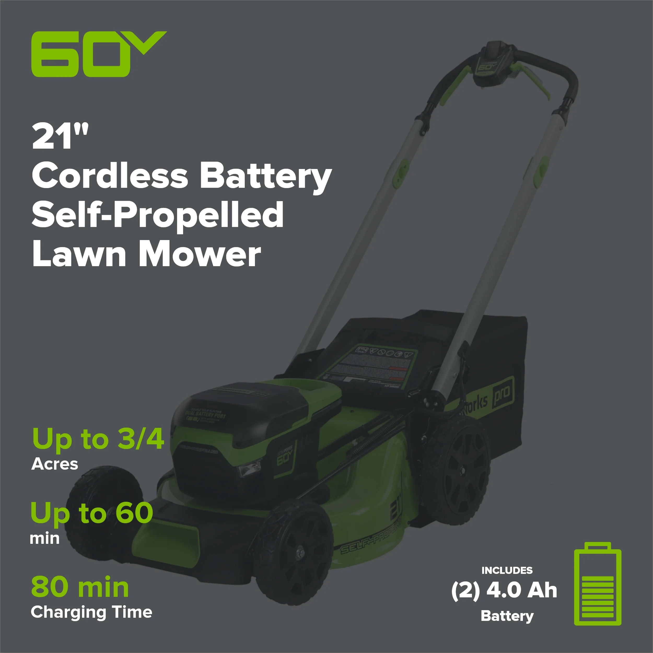 60V 21" Cordless Battery Self-Propelled Lawn Mower w/ Two (2) 4.0Ah Batteries & Dual Port Charger - Image 2
