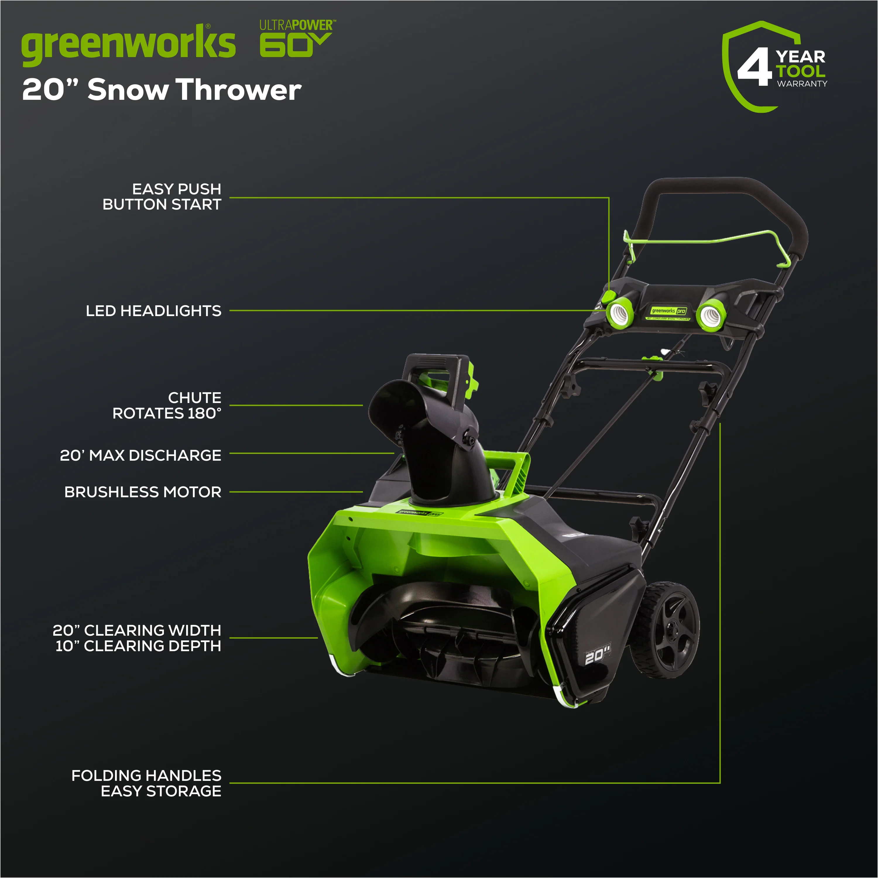 60V 20" Cordless Battery Single-Stage Snow Blower (Tool Only) - Image 2