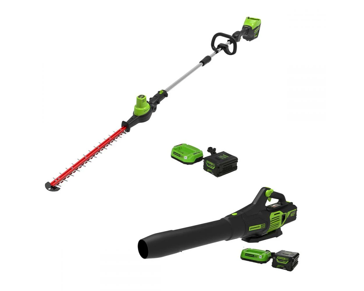 60V 20" Cordless Battery Pole Hedge Trimmer & 610 CFM Leaf Blower Combo Kit w/ 2.0Ah & 2.5Ah Battery & (2) Chargers - Image 2