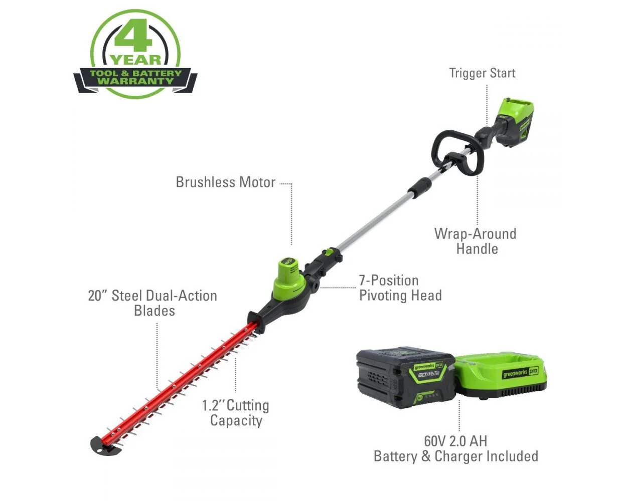 60V 20" Cordless Battery Pole Hedge Trimmer & 610 CFM Leaf Blower Combo Kit w/ 2.0Ah & 2.5Ah Battery & (2) Chargers - Image 3