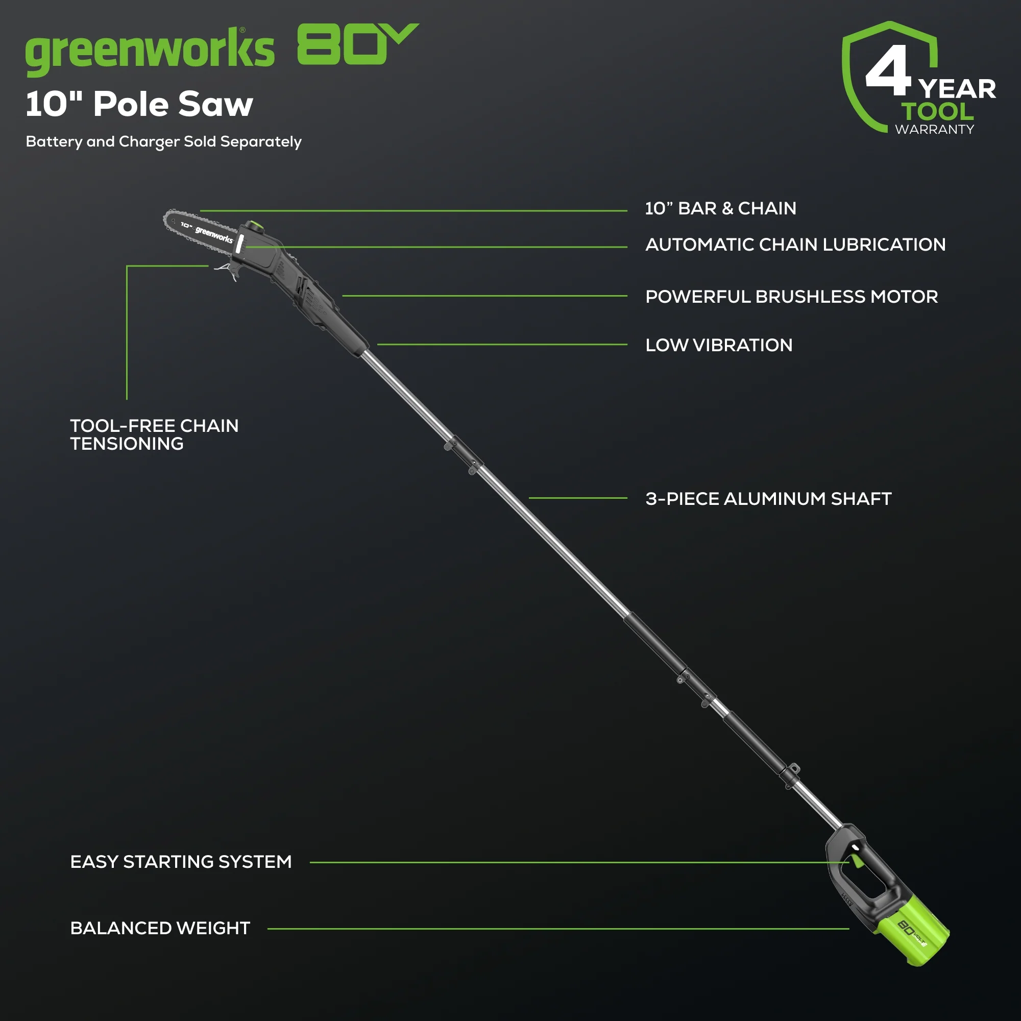 80V 10" Cordless Battery Pole Saw (Tool Only) - Image 2