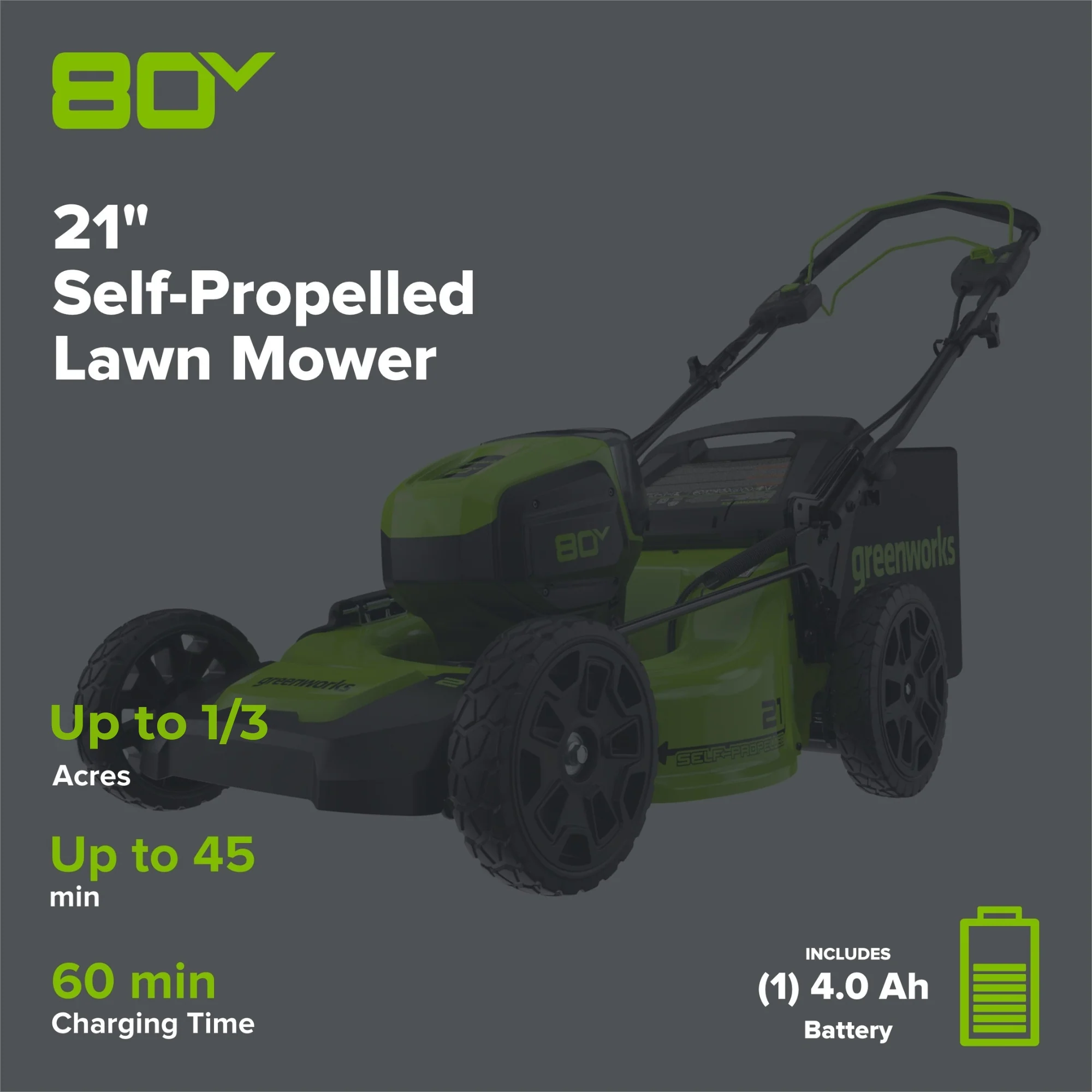 80V 21" Cordless Battery 3-in-1 Self-Propelled Lawn Mower w/ 4.0Ah Battery & Charger - Image 2