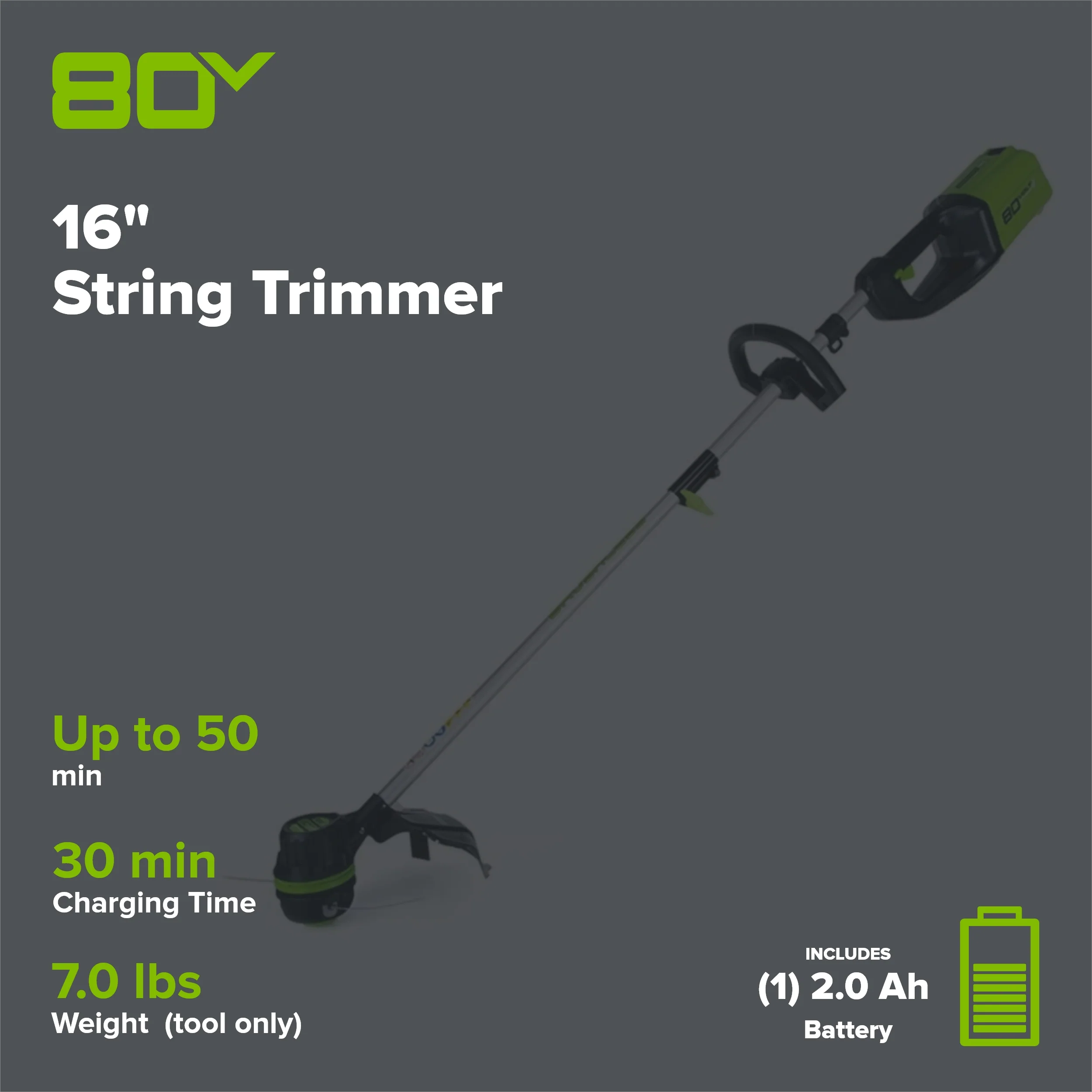 80V Cordless 16" Brushless String Trimmer( .08 line) w/ 2.0Ah Battery & Charger - Image 2