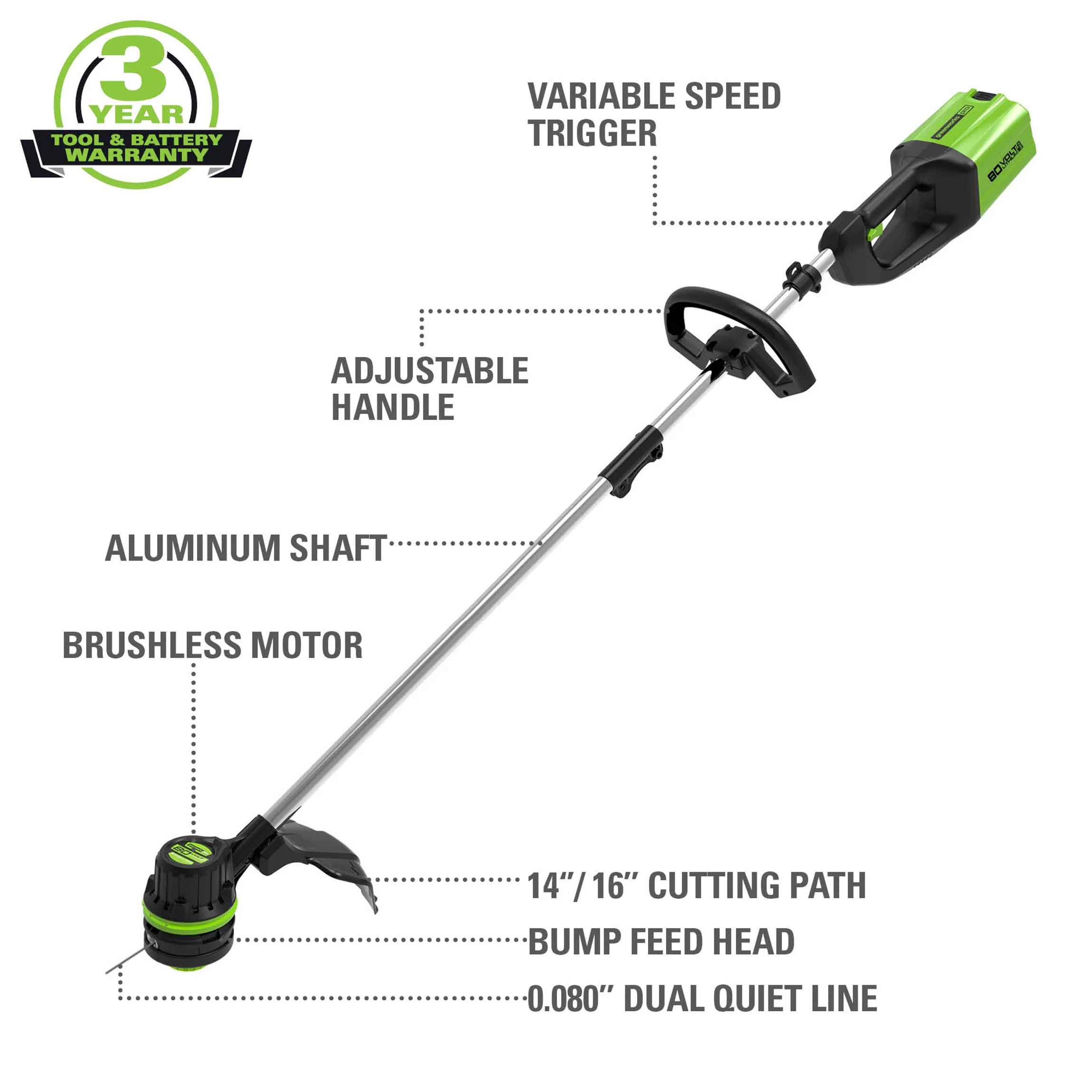 80V Cordless 16" Brushless String Trimmer( .08 line) w/ 2.0Ah Battery & Charger - Image 3
