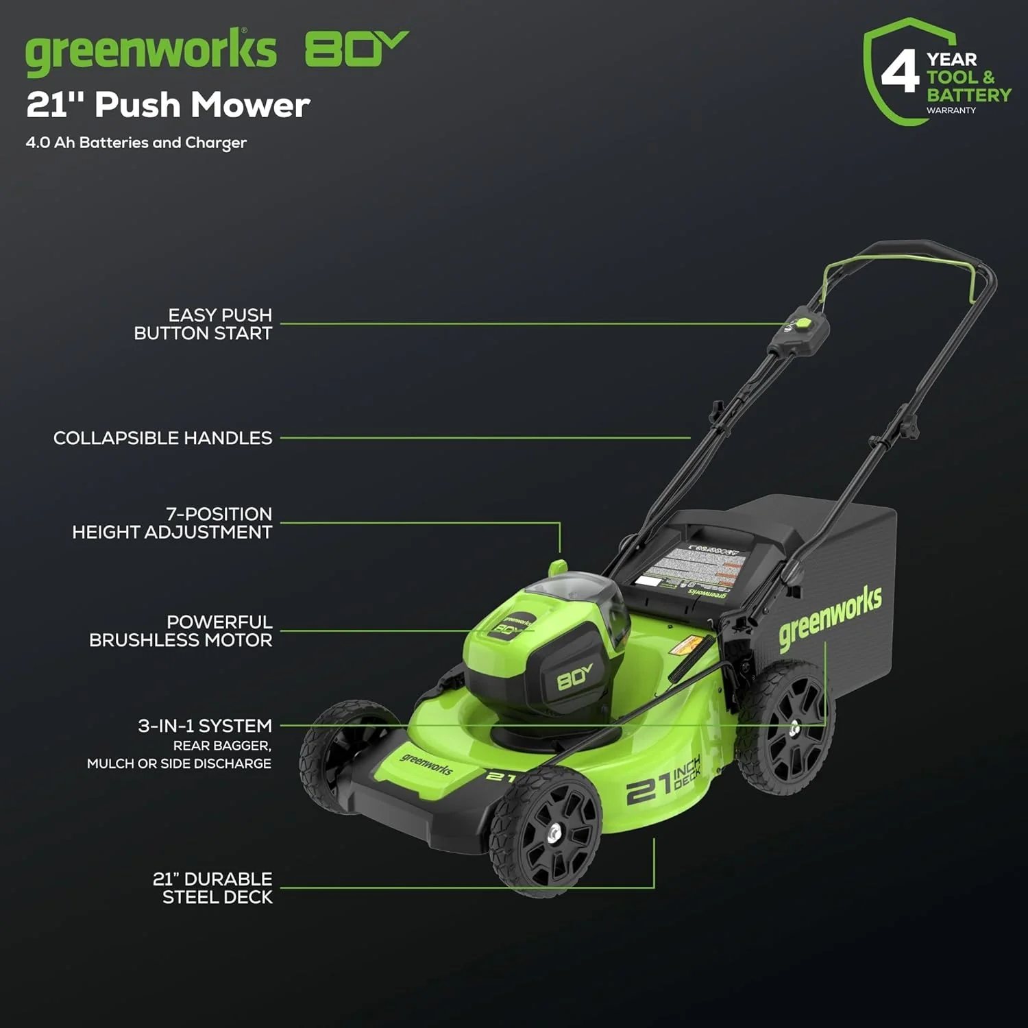 80V 21" Brushless 3-in-1 Push Lawn Mower: 4.0 Ah Battery and Charger - Image 4