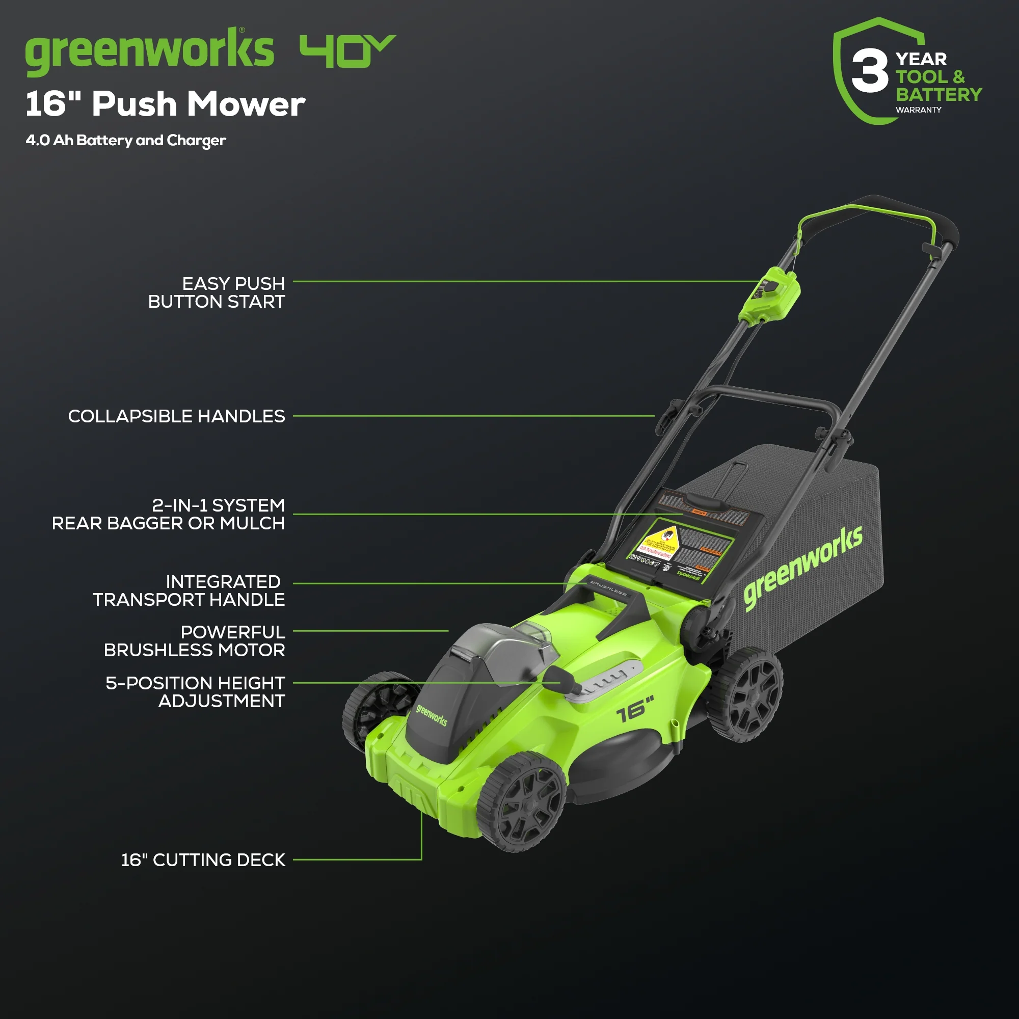 OPEN BOX 40V 16" Cordless Battery Brushless Push Lawn Mower: 4.0 Ah Battery and Charger - Image 3