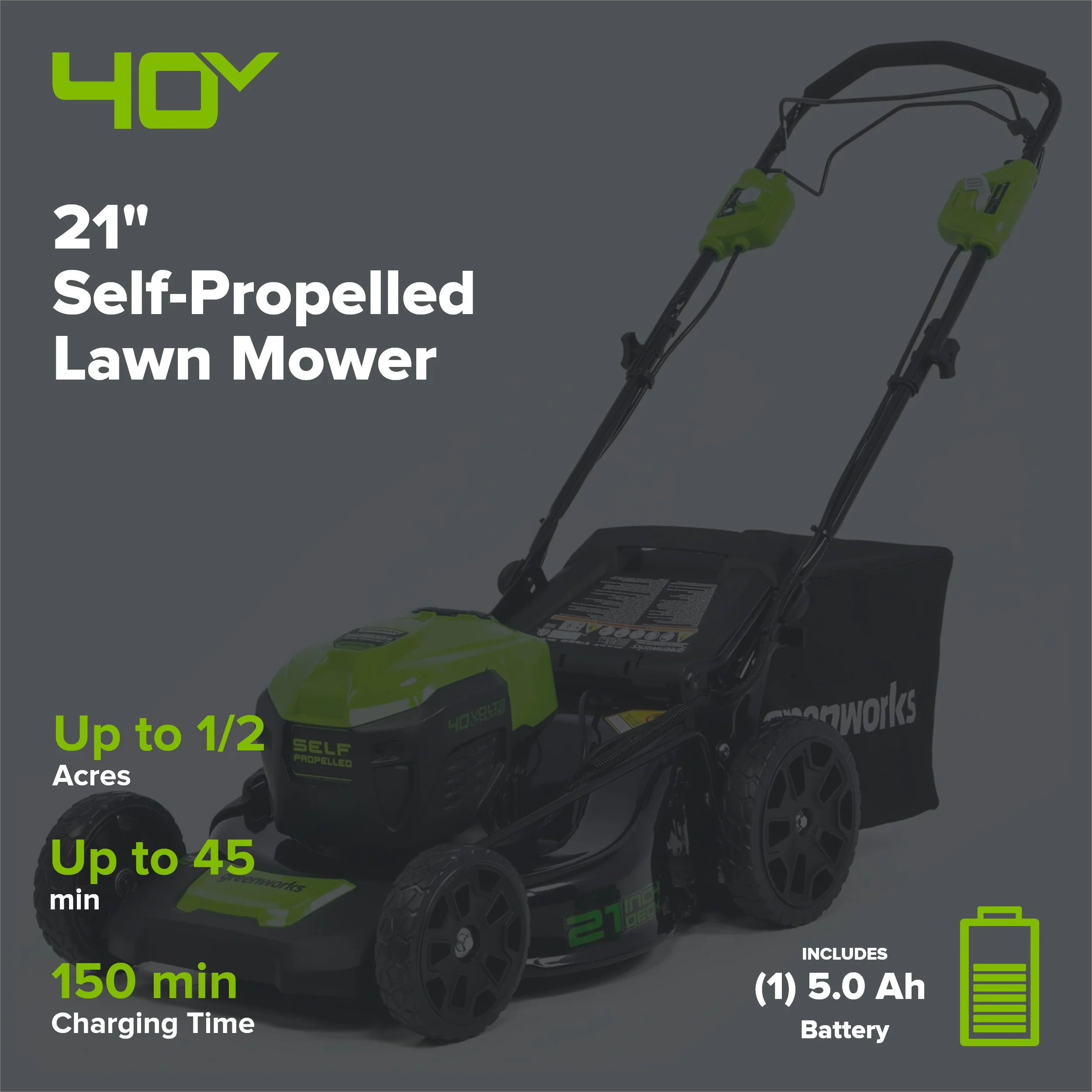 OPEN BOX 40V 21" Cordless Battery Self-Propelled Lawn Mower 3PC Combo Kit, (1) 5.0Ah Battery: (1) 2.0 Ah Battery and (2) Chargers - Image 2