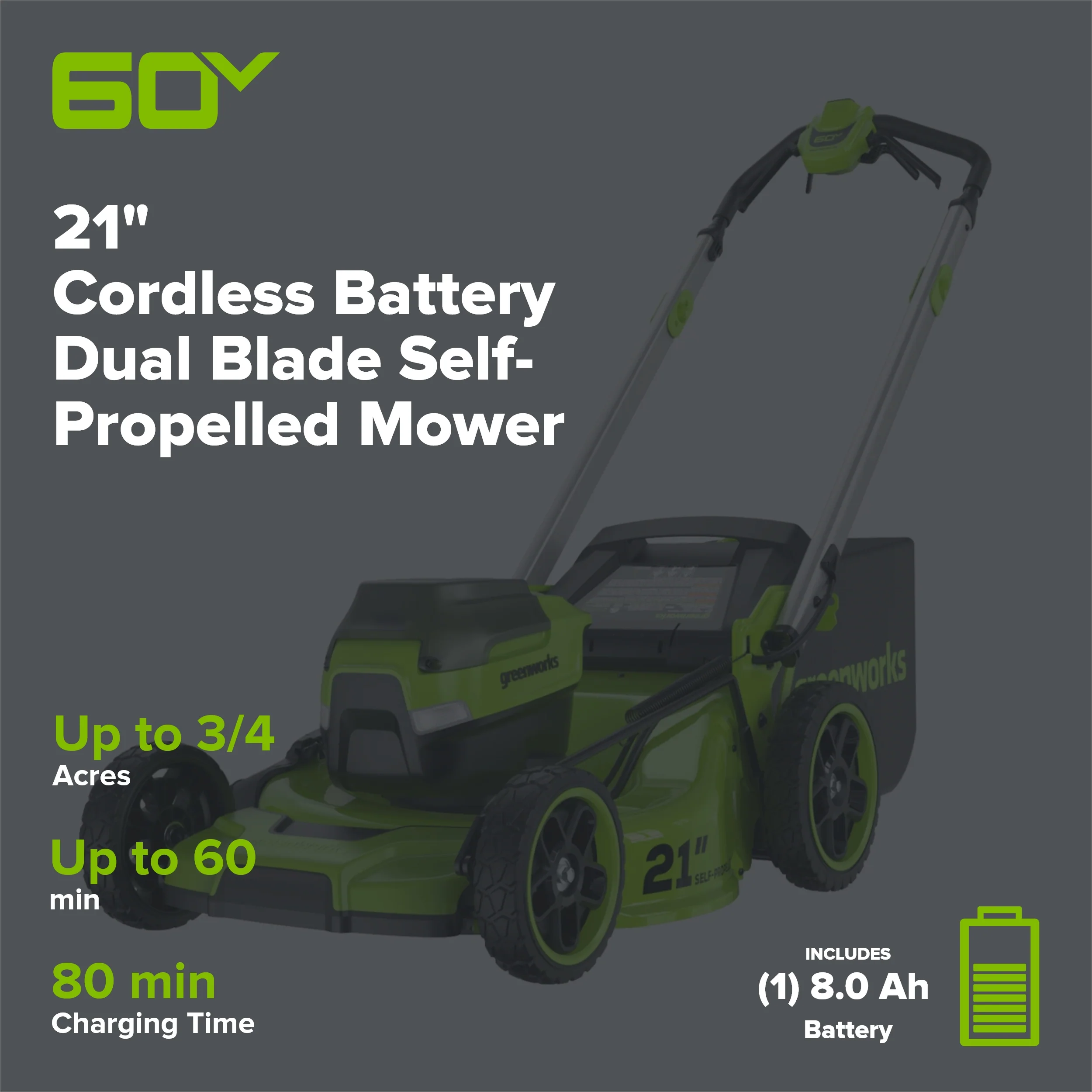 OPEN BOX 60V 21" Cordless Battery Dual Blade Self-Propelled Mower, (1) 8Ah battery and 6A Charger - Image 2
