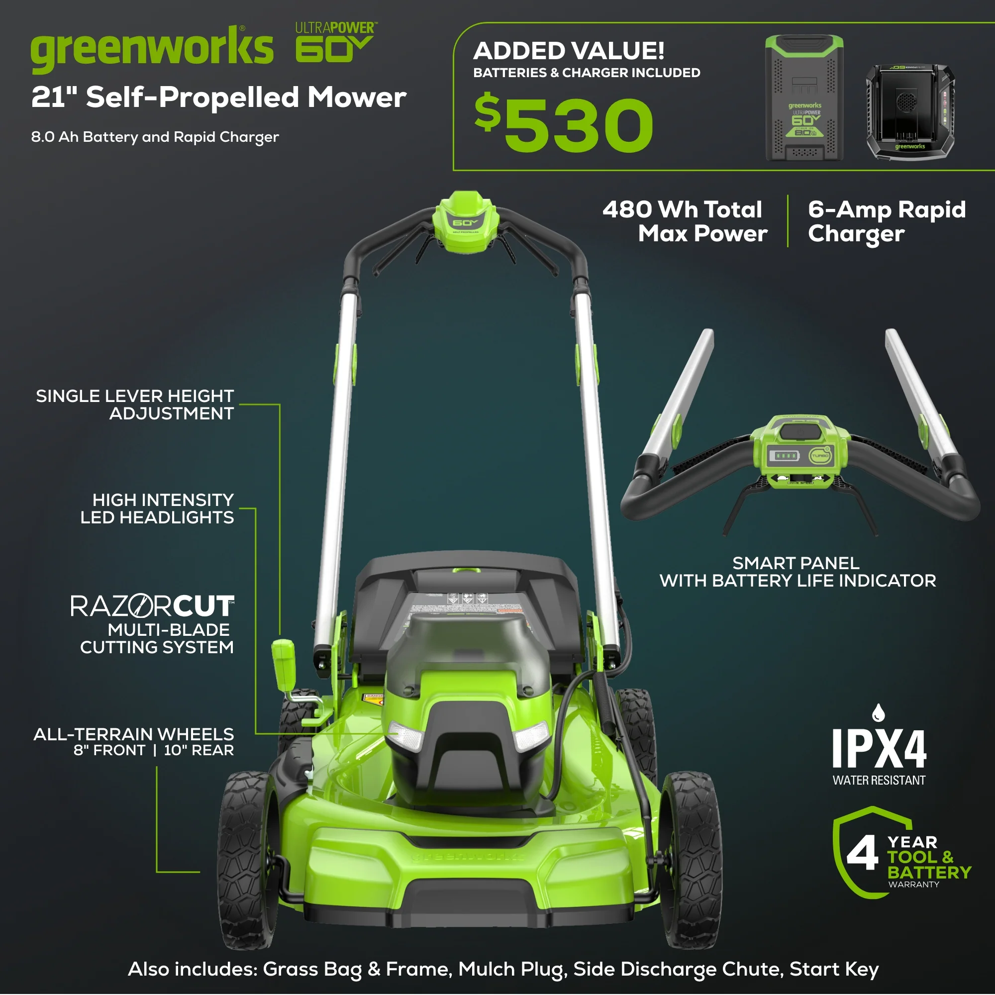 OPEN BOX 60V 21" Cordless Battery Dual Blade Self-Propelled Mower, (1) 8Ah battery and 6A Charger - Image 3