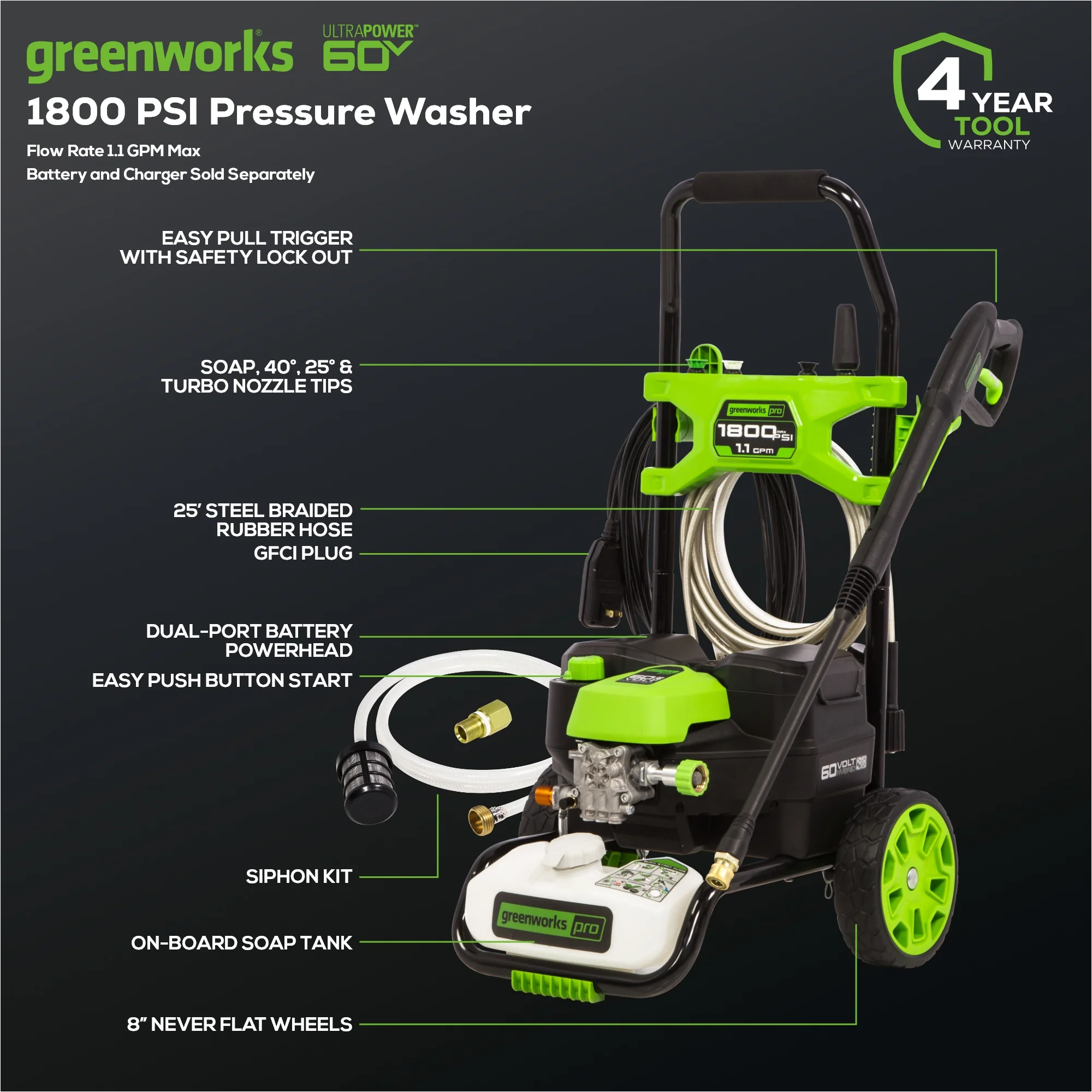 OPEN BOX 60V Hybrid 1800 PSI 1.1 GPM Cold Water Pressure Washer (Tool Only) - Image 2