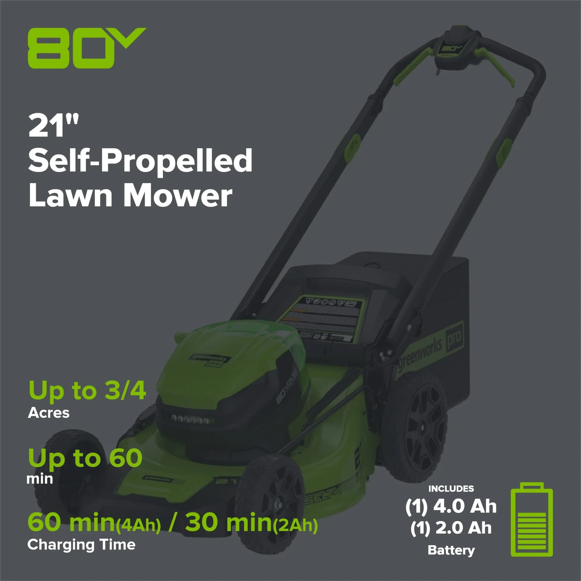 RENEWED 80V 21" Cordless Battery 4-in-1 Self-Propelled Lawn Mower: 4.0 Ah: 2.0 Ah Battery and Rapid Charger - Image 2