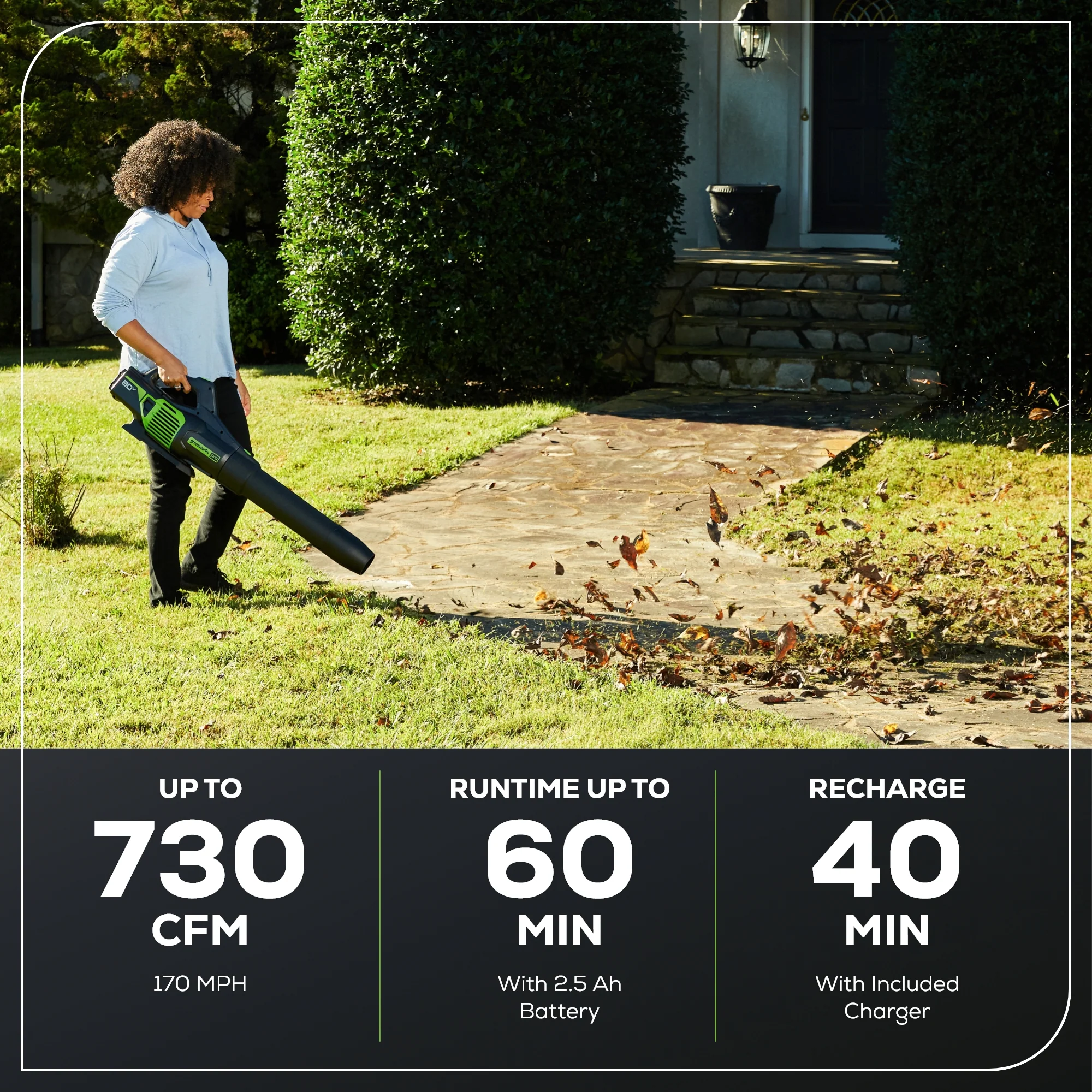 RENEWED 80V 730 CFM Cordless Battery Leaf Blower: 2.5 Ah Battery and Rapid Charger - Image 3