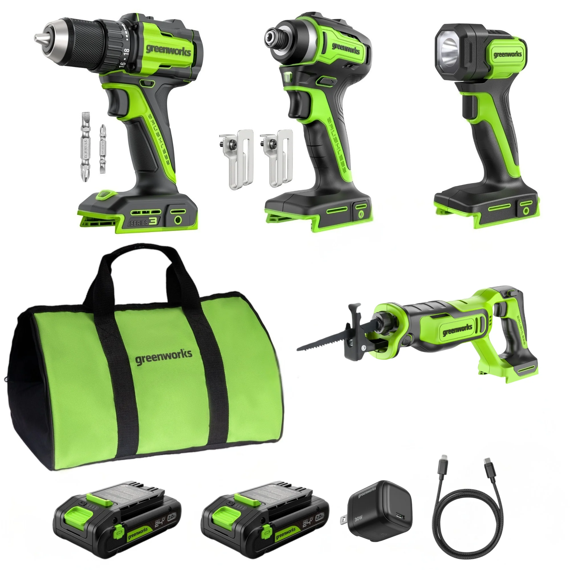 24V Brushless Power Tool 4PC Combo Kit: (2) 2.0 Ah USB-C Batteries and 30W USB-C Fast Charger
